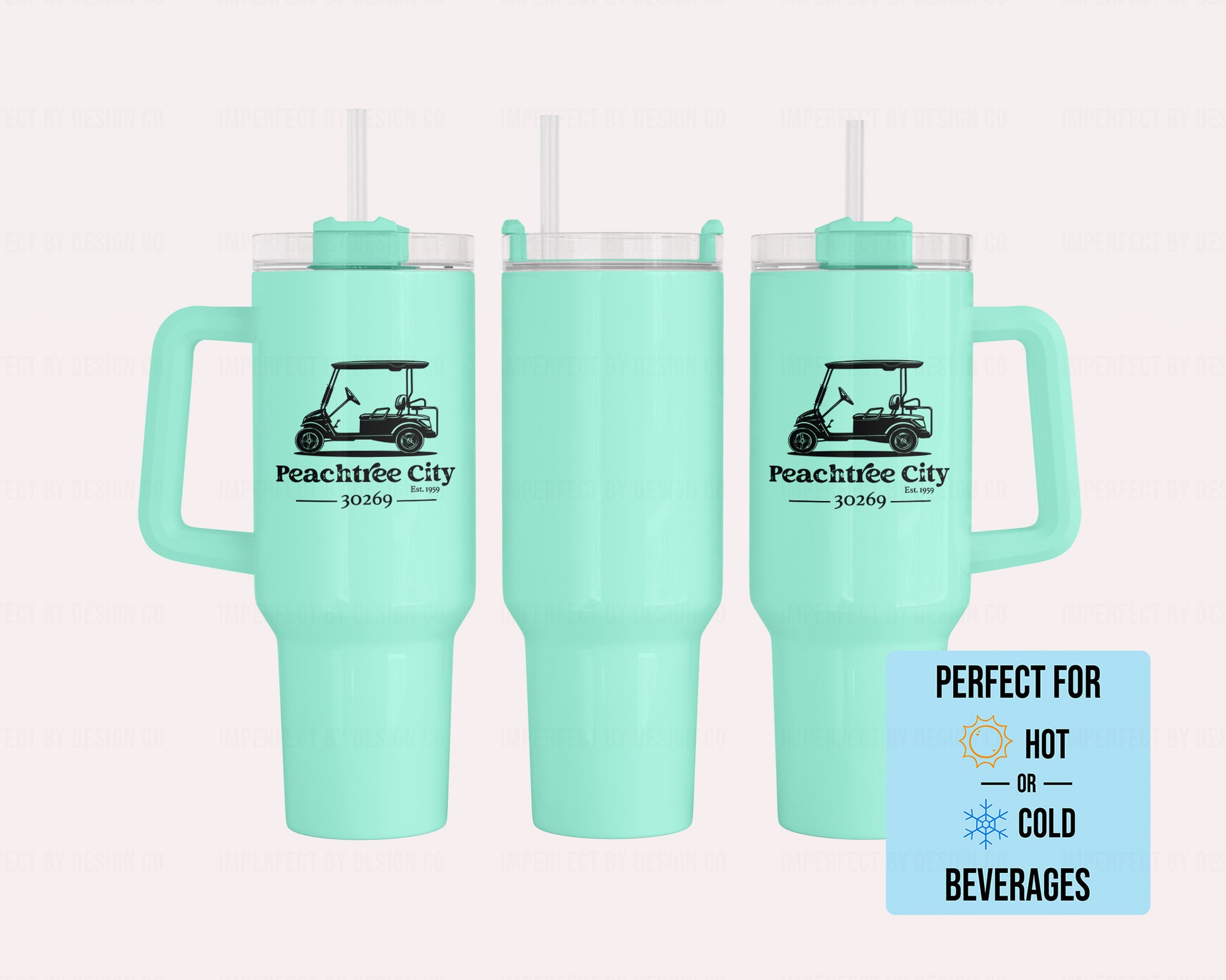 40oz Turquoise Double Side Printed (Front and Back) Stainless Steel Tumbler featuring Golf Cart graphic distressed ext on tumbler reads 'Peachtree City' 'Est. 1959' '30269' Text blurb read 'Perfect For Hot or Cold Beverages'