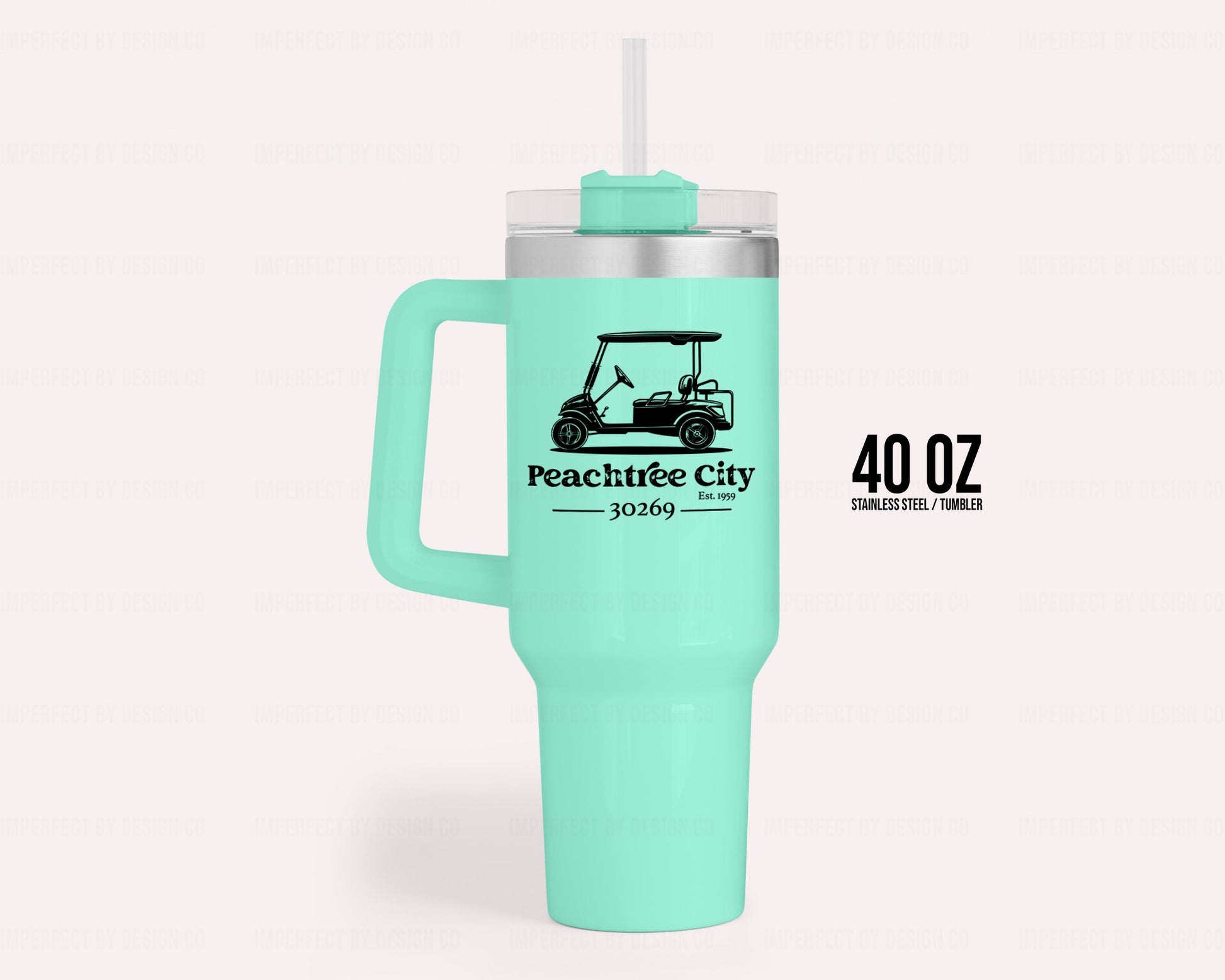 Turquoise / Mint Green 40oz Stainless Steel tumbler with handle featuring a golf cart design and text that reads 'Peachtree City' Est. 1959 and Zip Code '30269' and text graphic reads 40 Oz Stainless Steel /Tumbler
