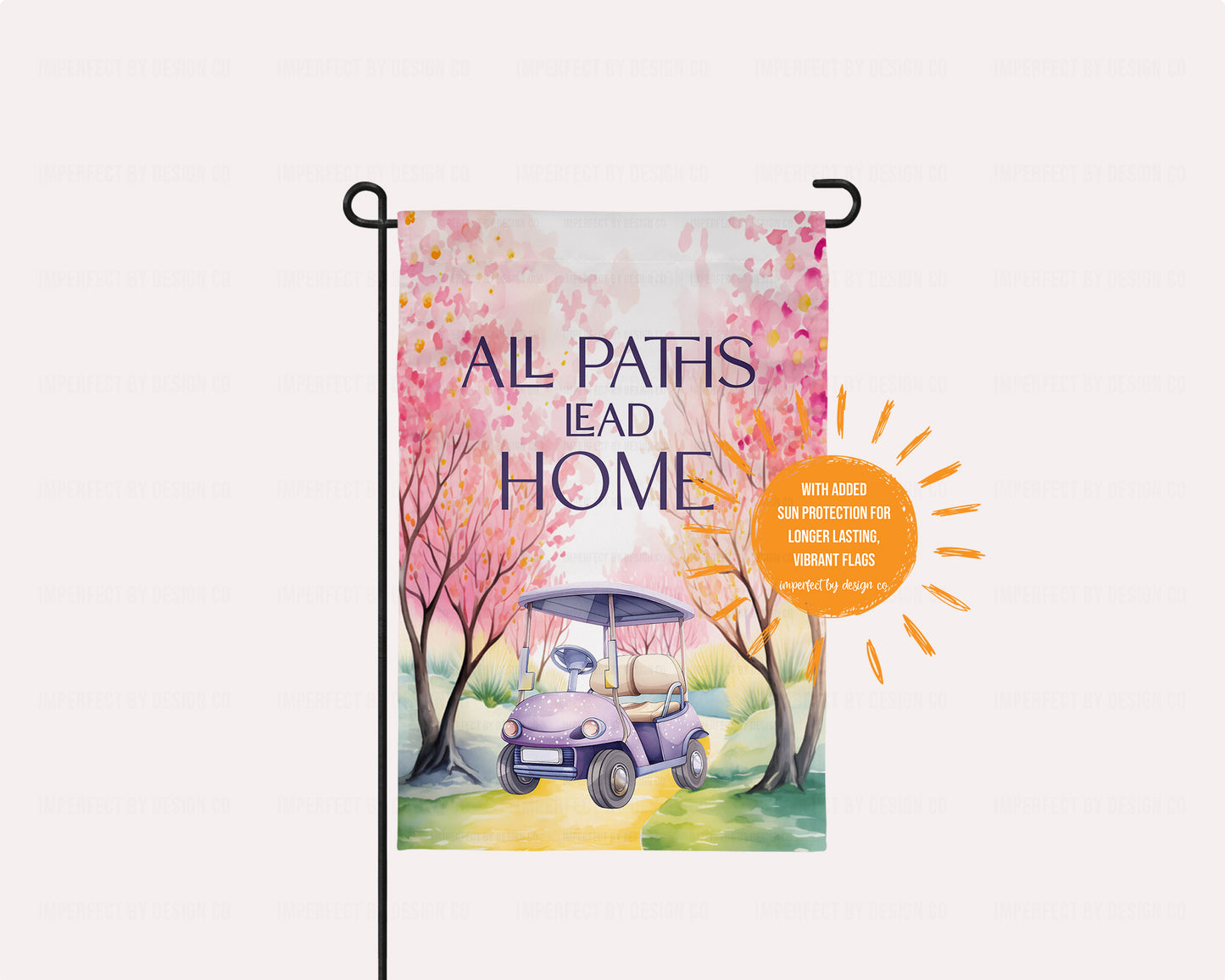 All Paths Lead Home Whimsical Golf Cart - Garden Flag