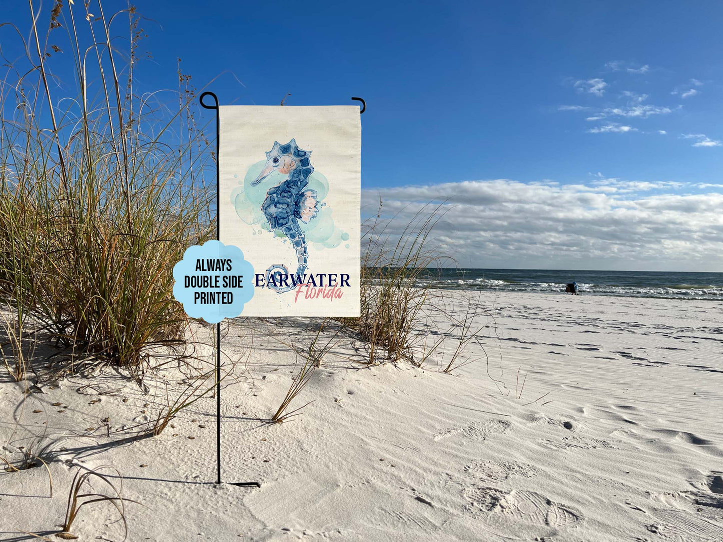 Personalized Coastal Garden Flag Featuring Watercolor Seahorse And Your City and State