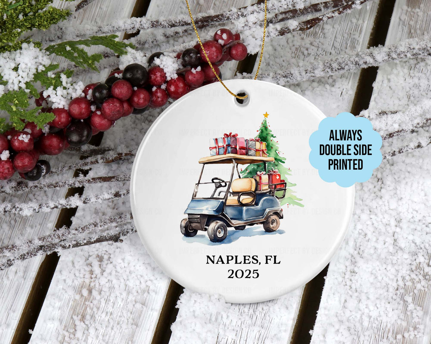 Personalized Blue Golf Cart Ornament | Double-Sided | Customizable City or Last Name