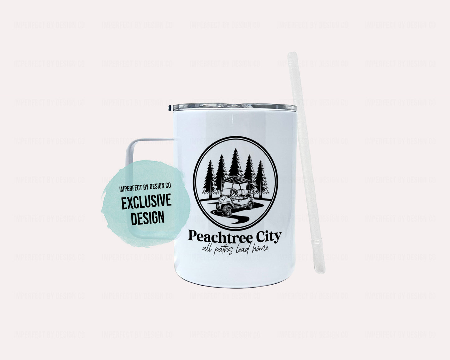 Peachtree City "All Paths Lead Home" Golf Cart in Forest Scene - Camper Mug