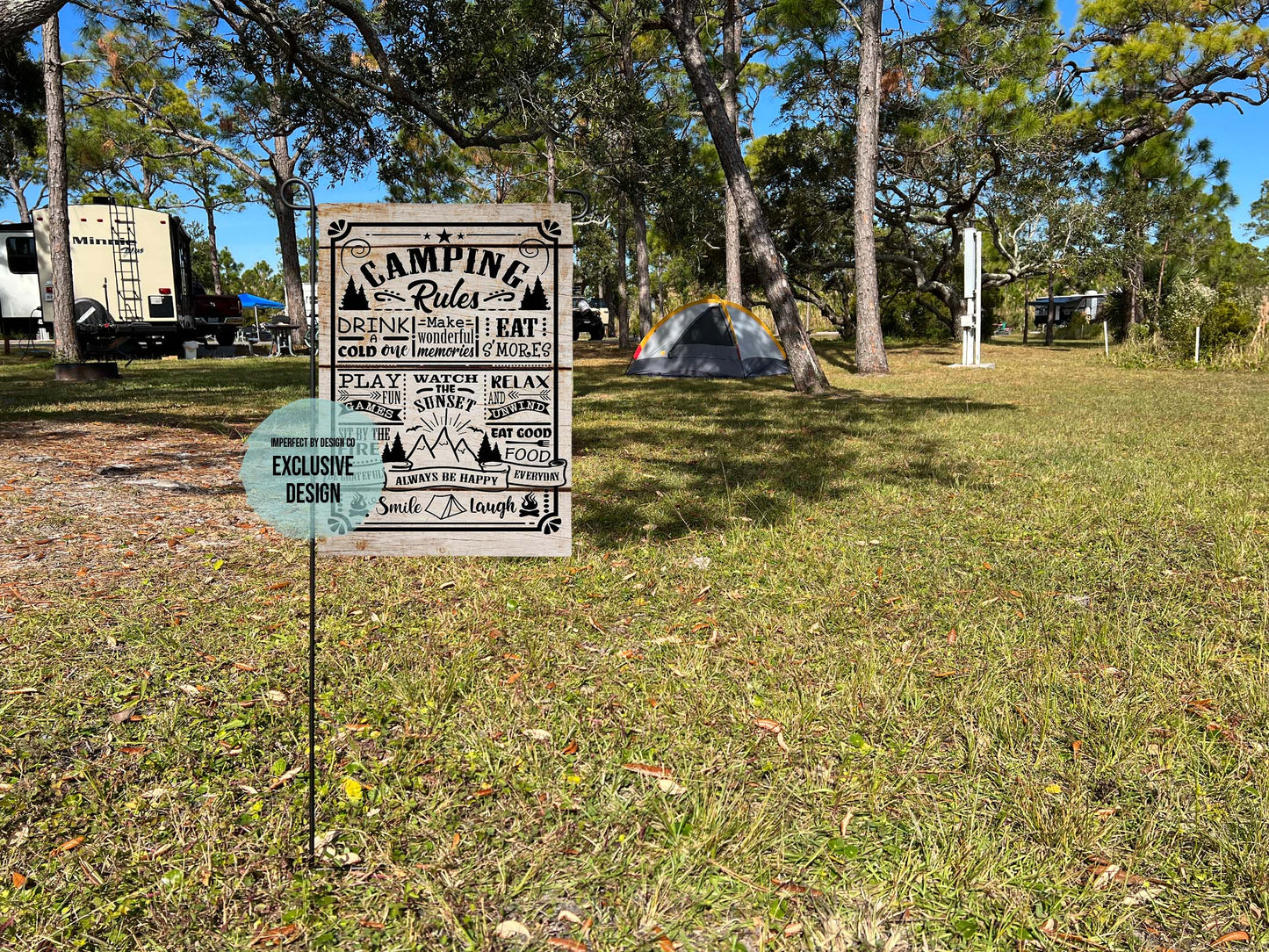 Garden Flag Featuring Light-Hearted Camping Rules Text