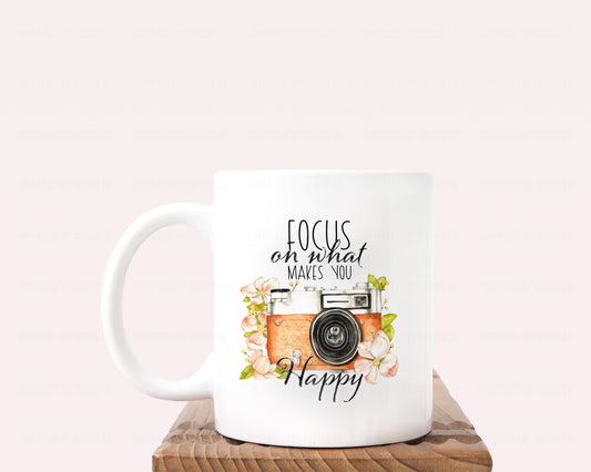 'Focus on What Makes You Happy', Floral Camera - 11oz Coffee Cup