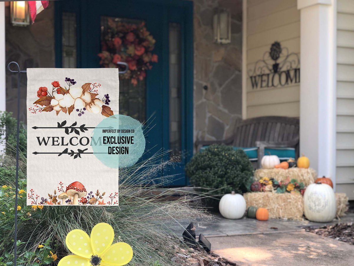 "Welcome" Autumn Mushrooms & Foliage - Garden Flag