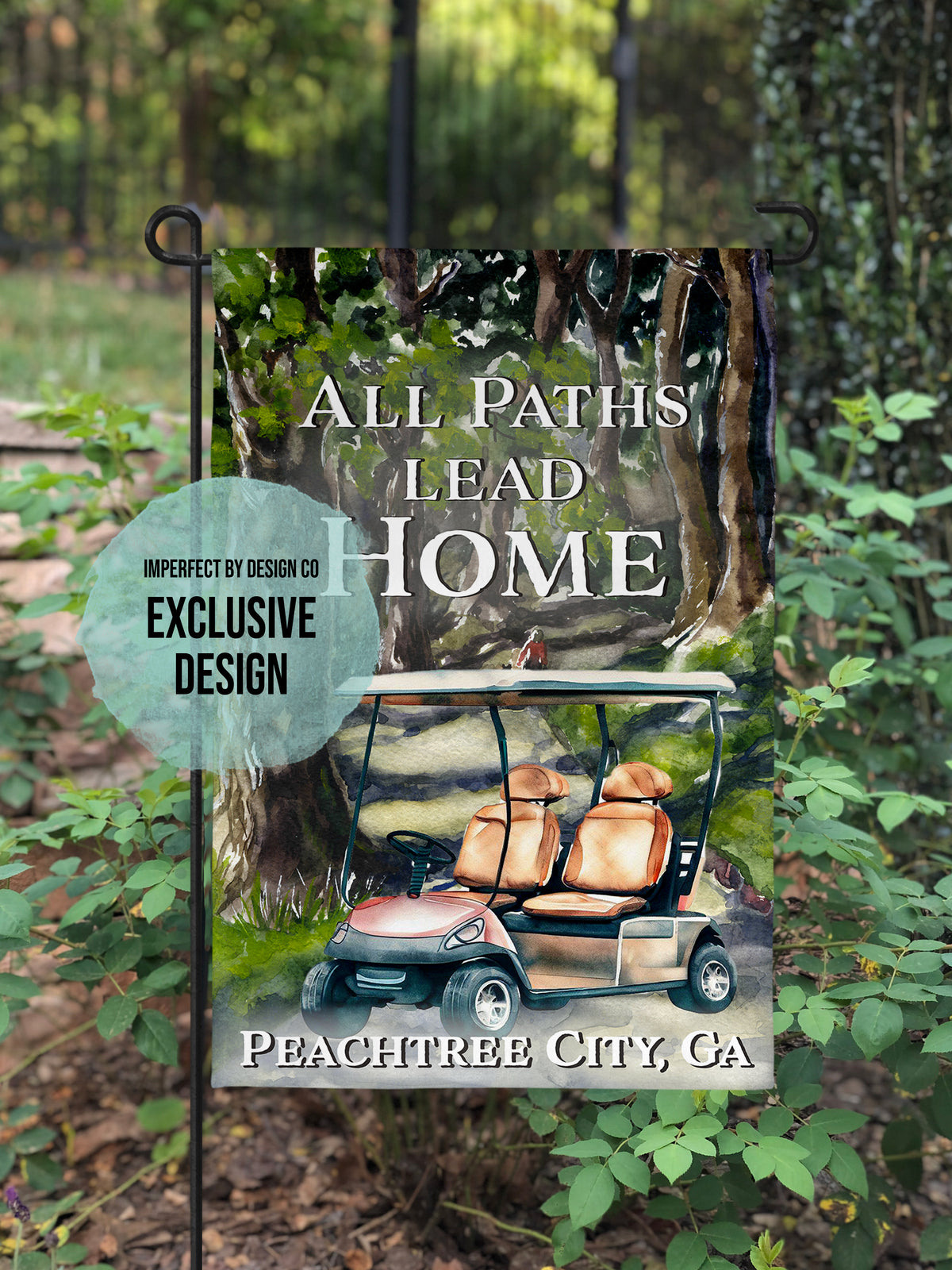 Peachtree City "All Paths Lead Home" with Golf Cart - Garden Flag
