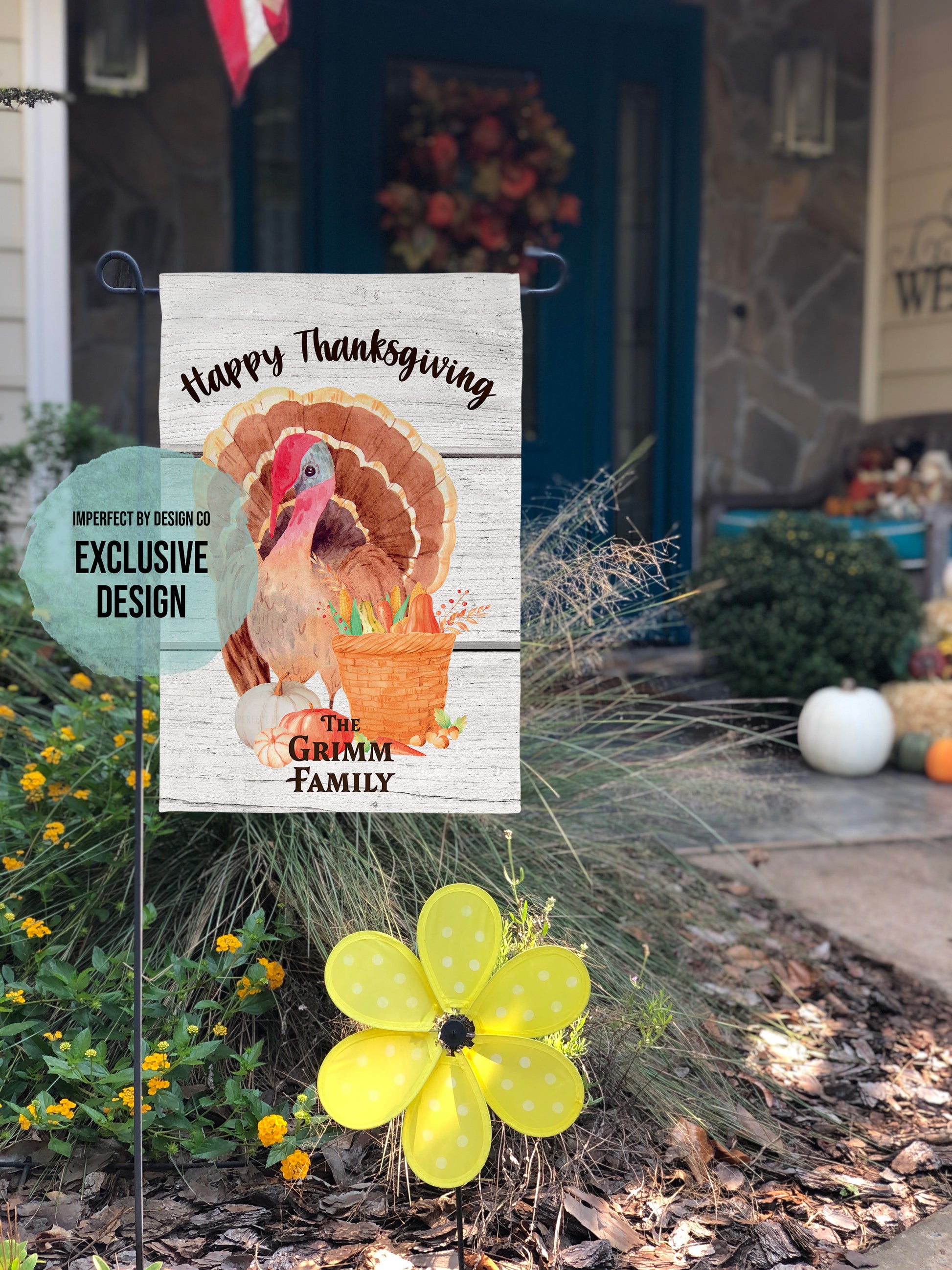 Thanksgiving garden flag with turkey, gourds, and personalized family name in vibrant colors.
