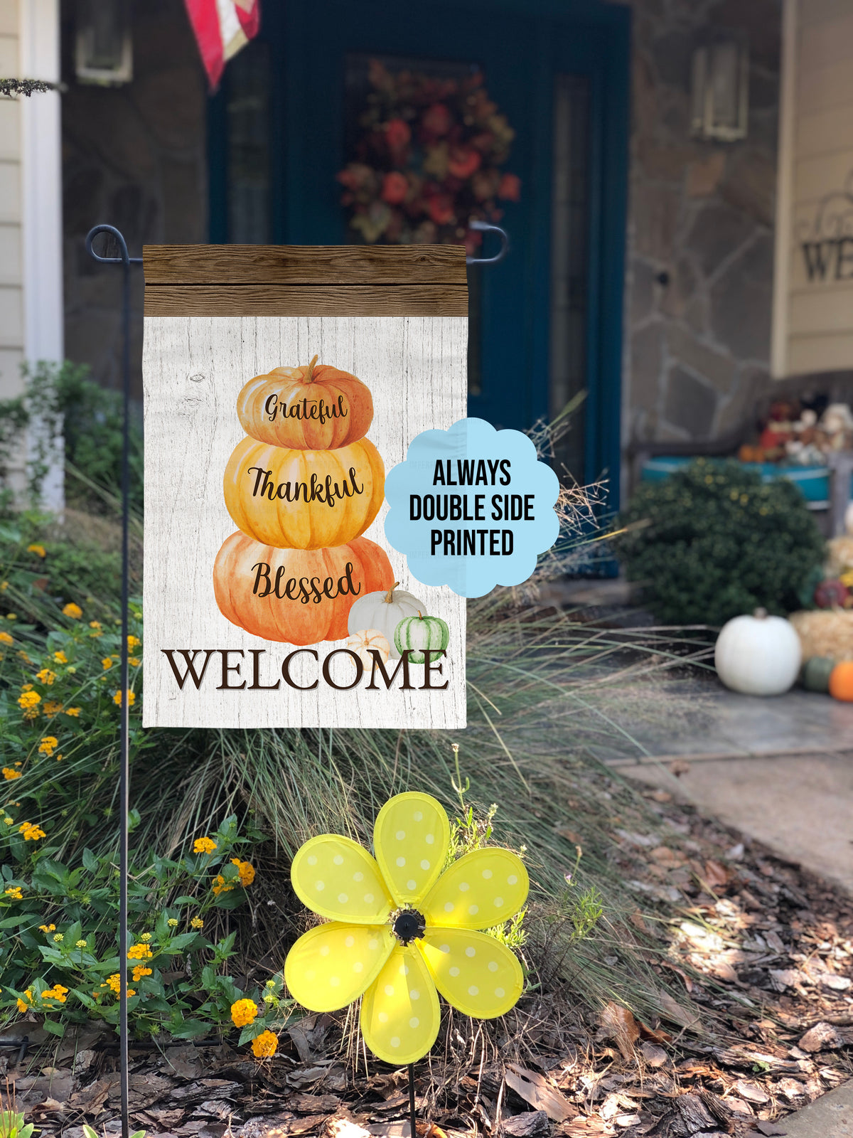 "Welcome Pumpkin Stack - Grateful, Thankful, Blessed" - Garden Flag