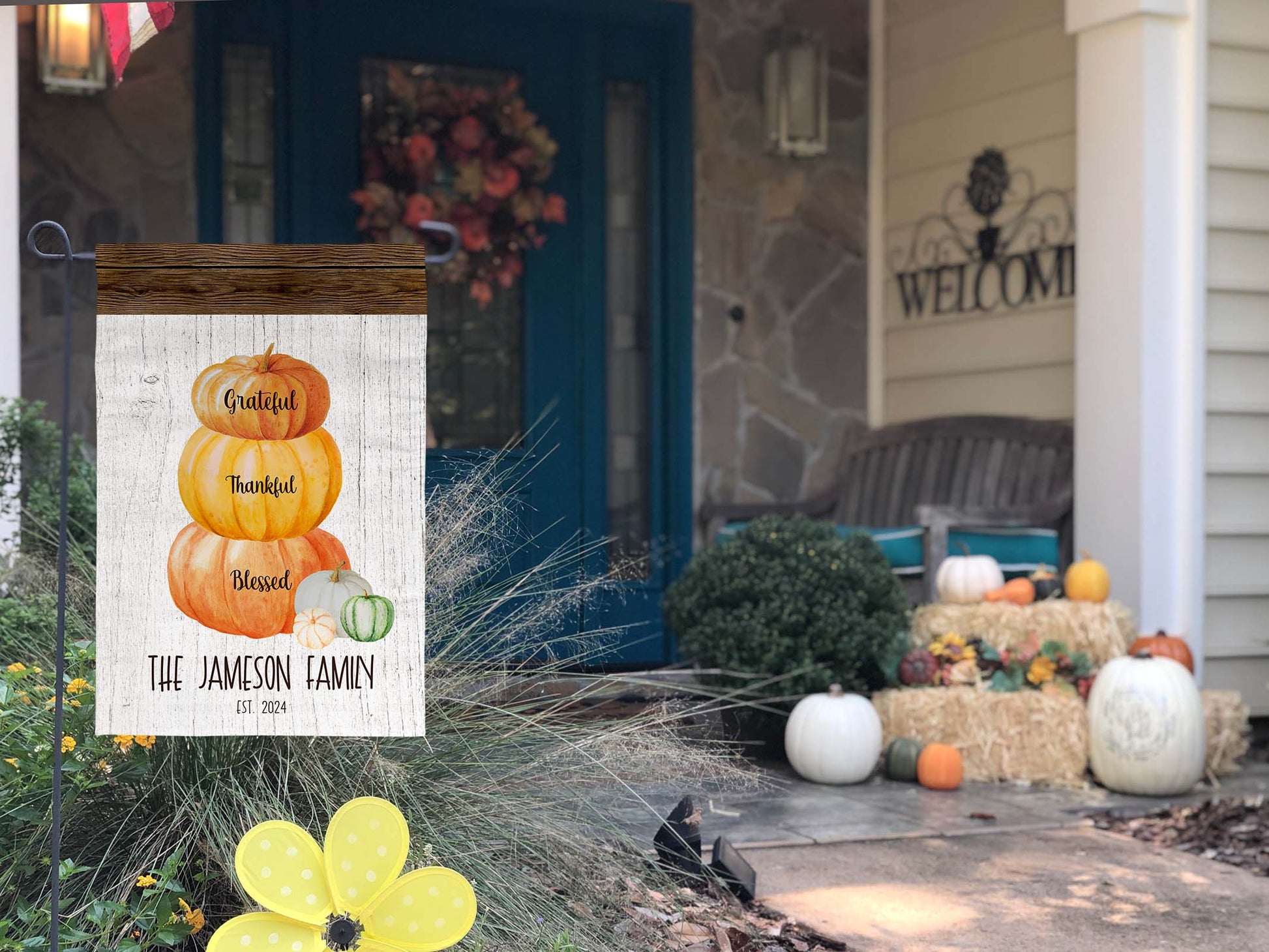 Grateful, Thankful, Blessed pumpkin stack garden flag with customizable last name and year for Thanksgiving