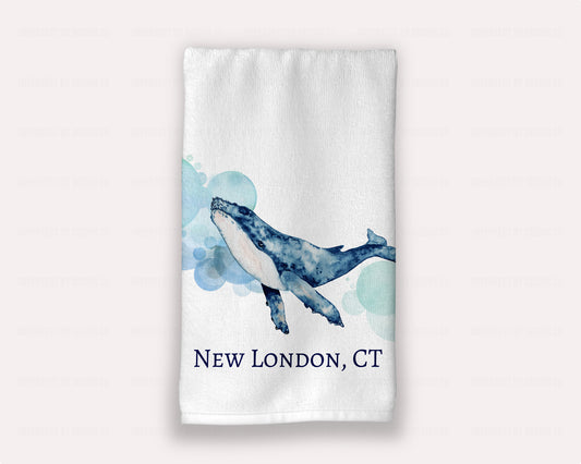 Micro velour and terry cloth white guest hand towel with humpback whale, personalized | imperfect by design co
