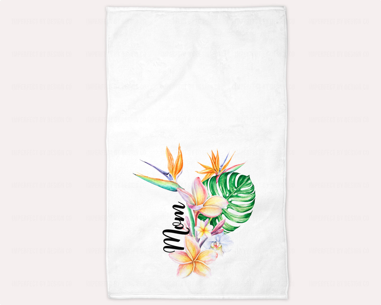White velour microfiber hand towel featuring tropical bouquet Personalized | imperfectbydesignco.com
