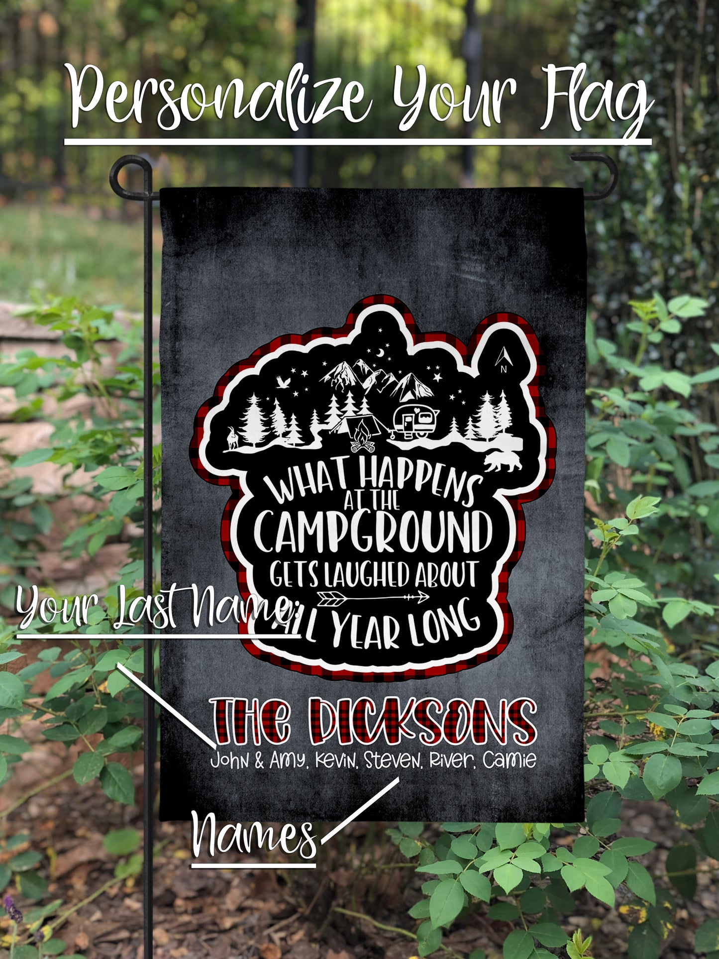 Personalized Garden Flag, What happens at the campground…