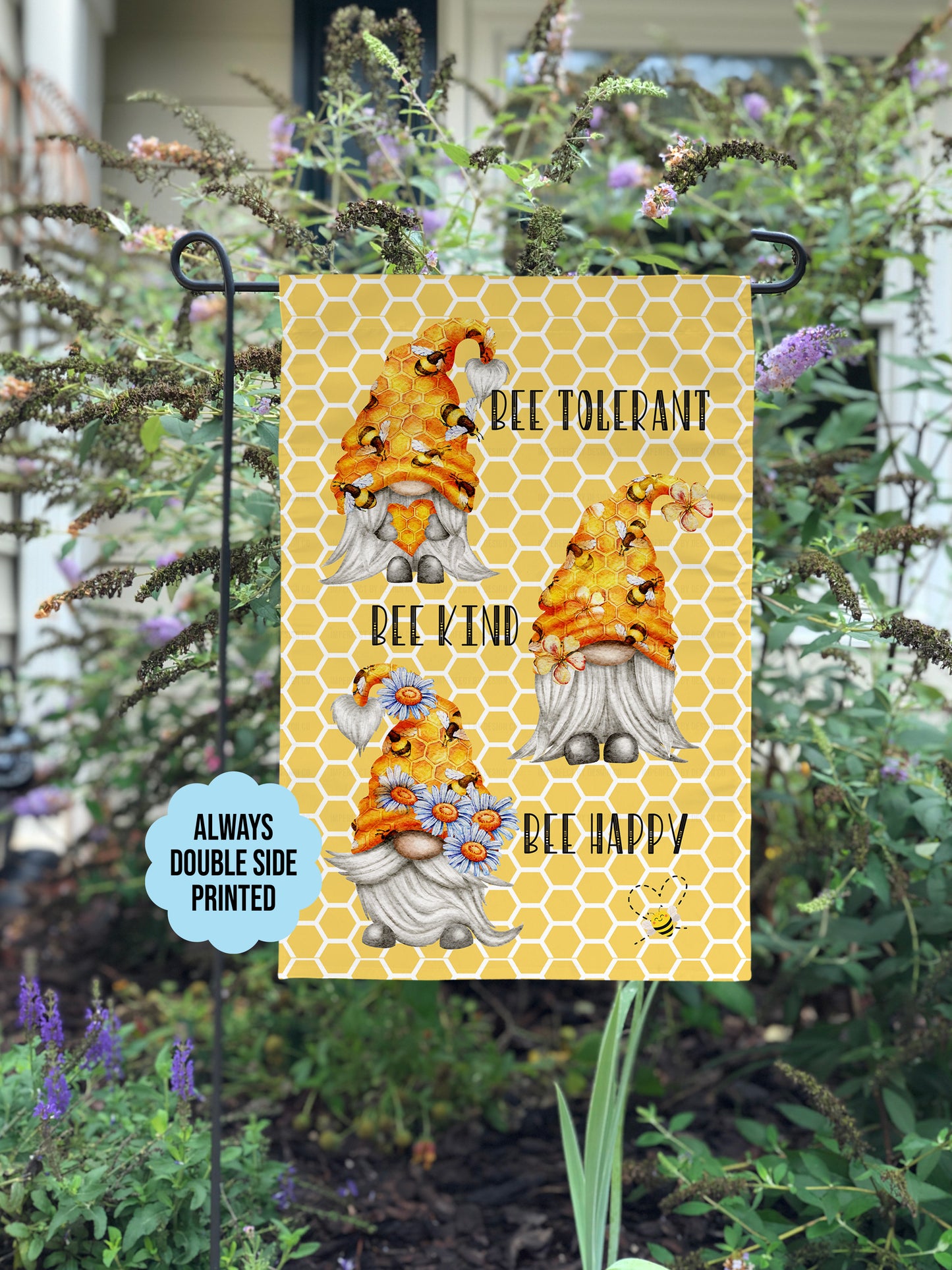 Garden Flag Featuring Gnomes And Bees, Bee Tolerant Bee Kind Bee Happy