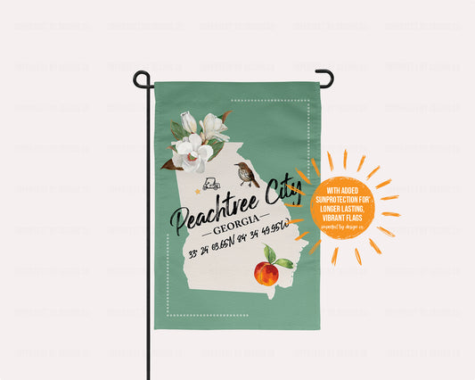 Peachtree City and Georgia State Outline with State Bird, and State Flower - Garden Flag