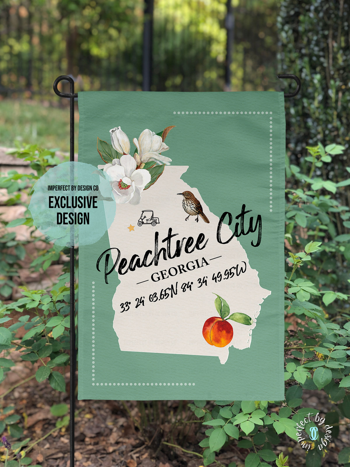 Peachtree City and Georgia State Outline with State Bird, and State Flower - Garden Flag