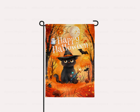 Halloween garden flag with a cute black cat wearing a witch's hat and holding a wand under a full moon.
