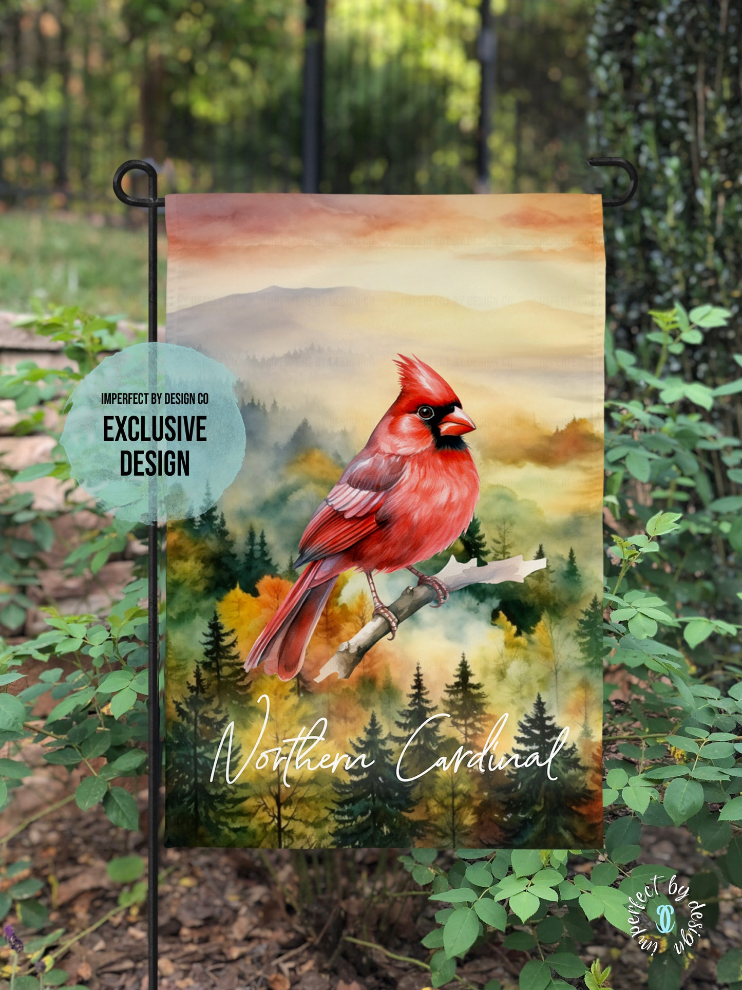 Male Northern Cardinal in Fall Scene with Text "Northern Cardinal"