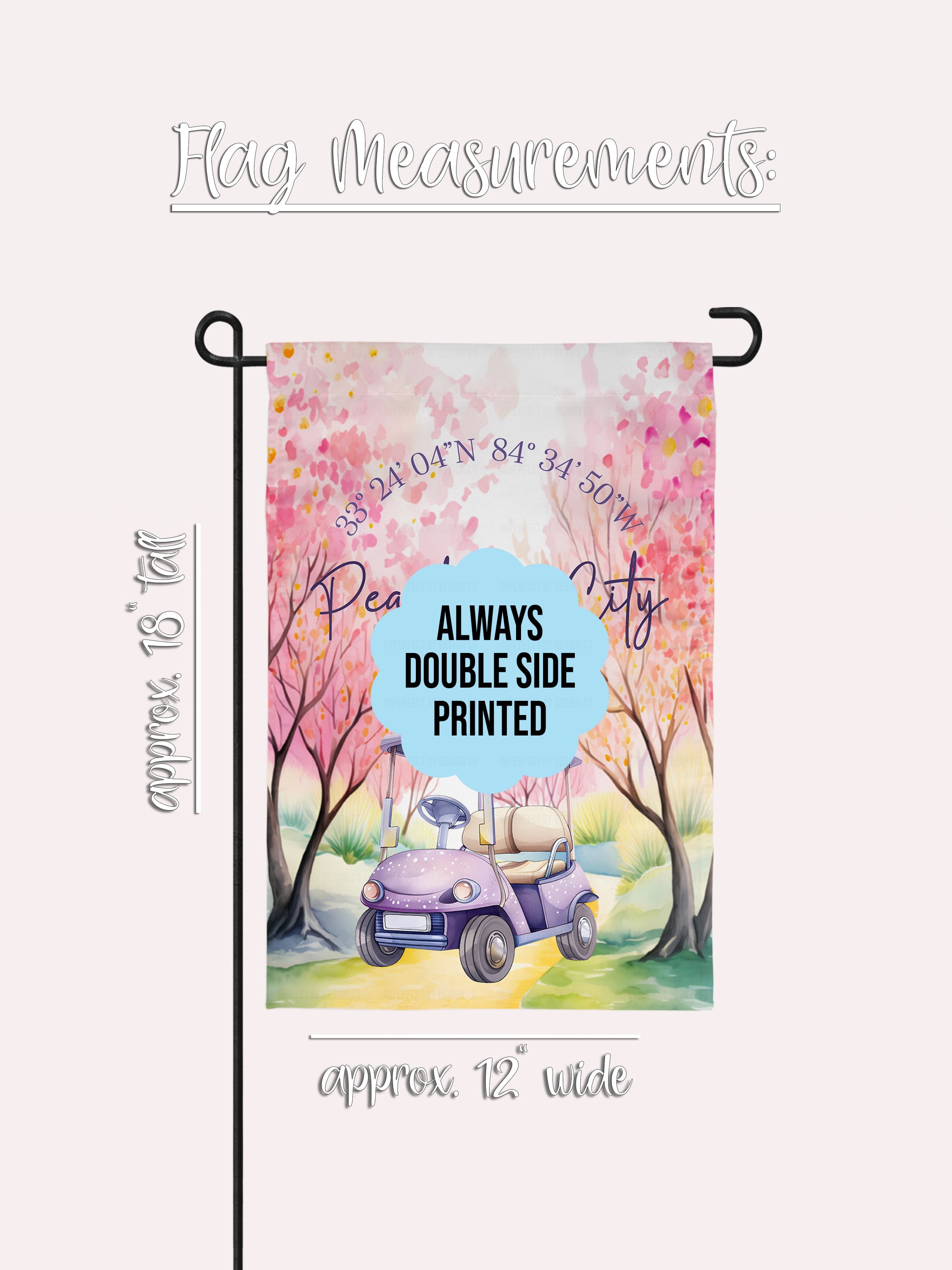 Decorative garden flag with cherry blossom trees and a purple scooter, featuring text 'Always Double Side Printed'. This graphic includes measurements. 12x18 inches approximate flag size.