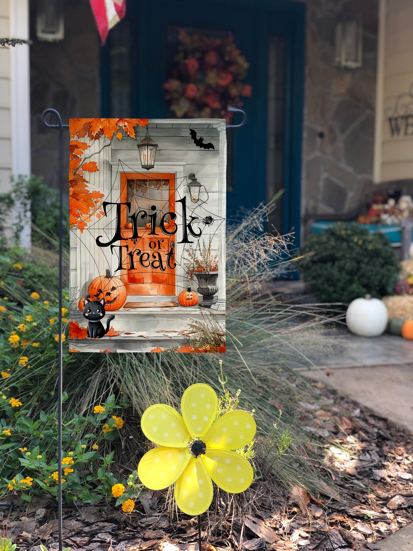 Trick or Treat Halloween theme garden flag, decorated front porch 