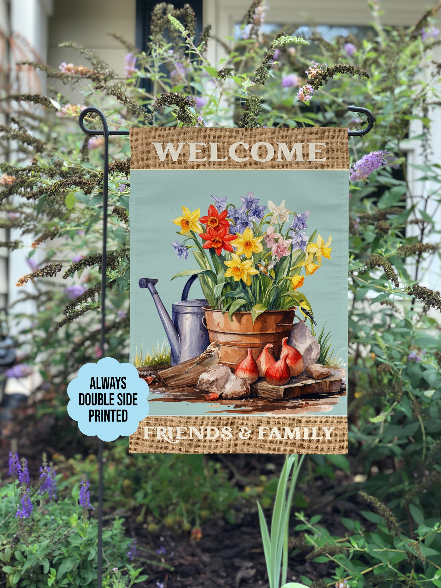 Garden Flag With Flowers And Birds Still Life, Welcome Friends and Family