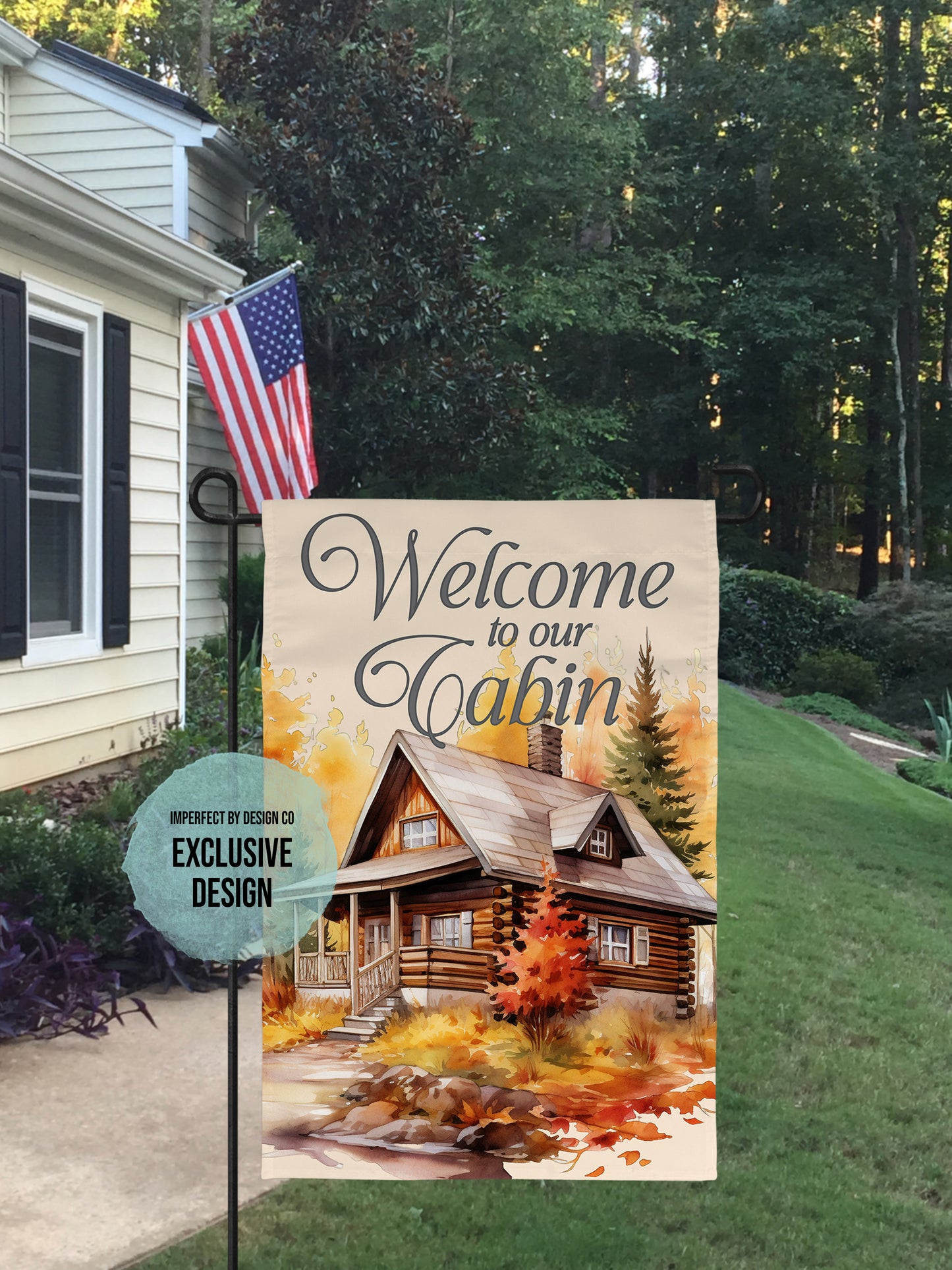 "Welcome to our Cabin" Fall Scene - Garden Flag