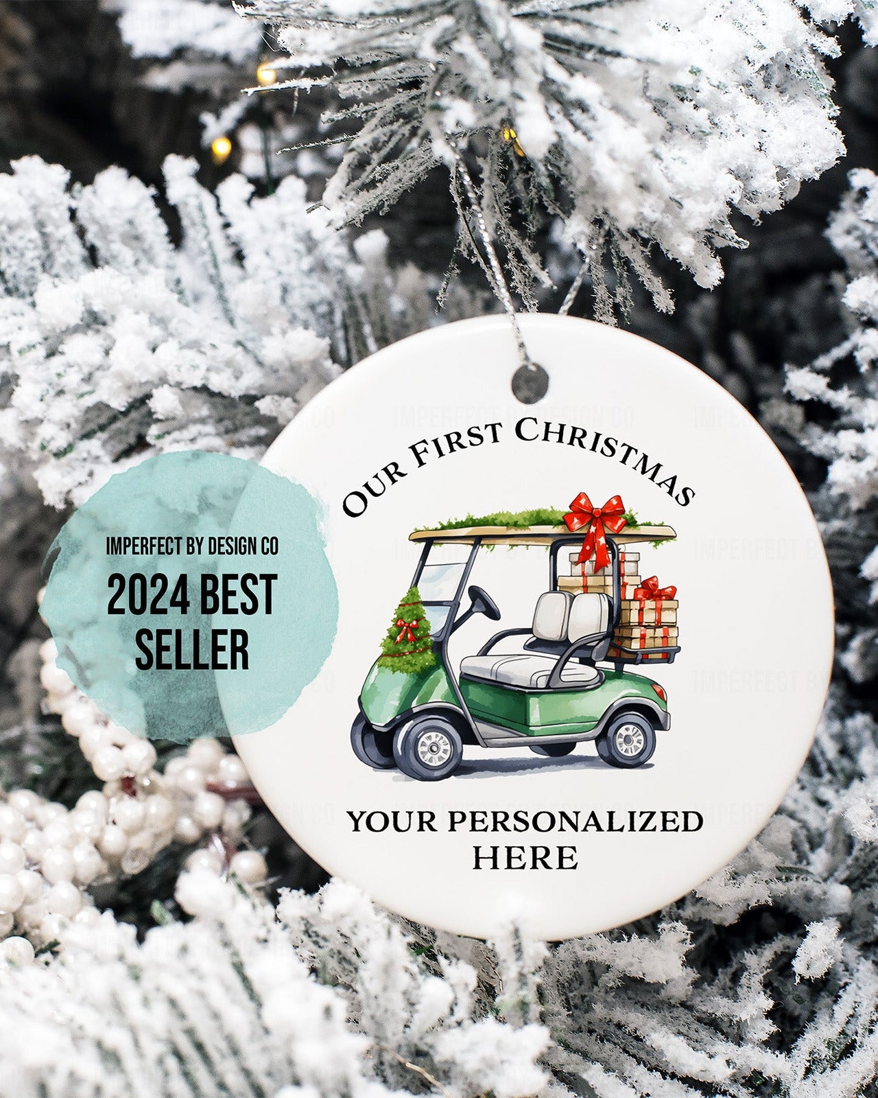Personalized Christmas Polymer Ornament Green Golf Cart with Christmas Present and Red Bows Placed on Festive Green Garland Text Reads "Our first Christmas" These are our 2024 Best Selling Shatterproof Ornaments| imperfect by design co
