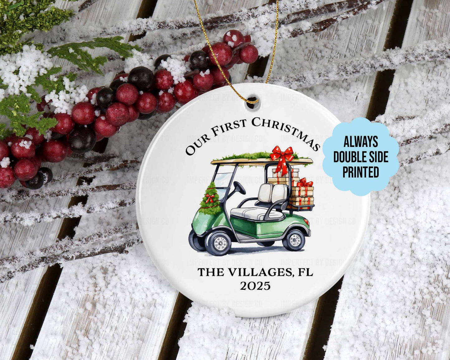 Green Golf Cart with garland red bow and gift wrapped boxes. Text reads "Our First Christmas The Villages, FL 2025" | imperfect by design co