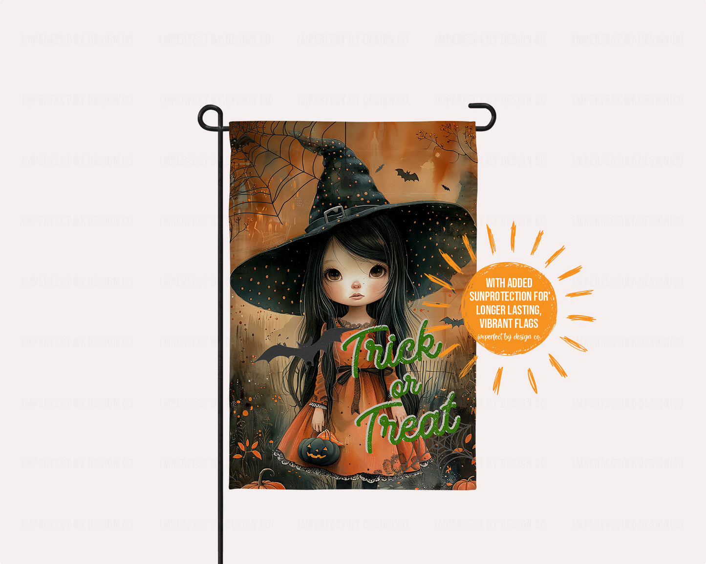 Full view of the Trick or Treat Little Witch Garden Flag with spooky bats and cobweb decoration.