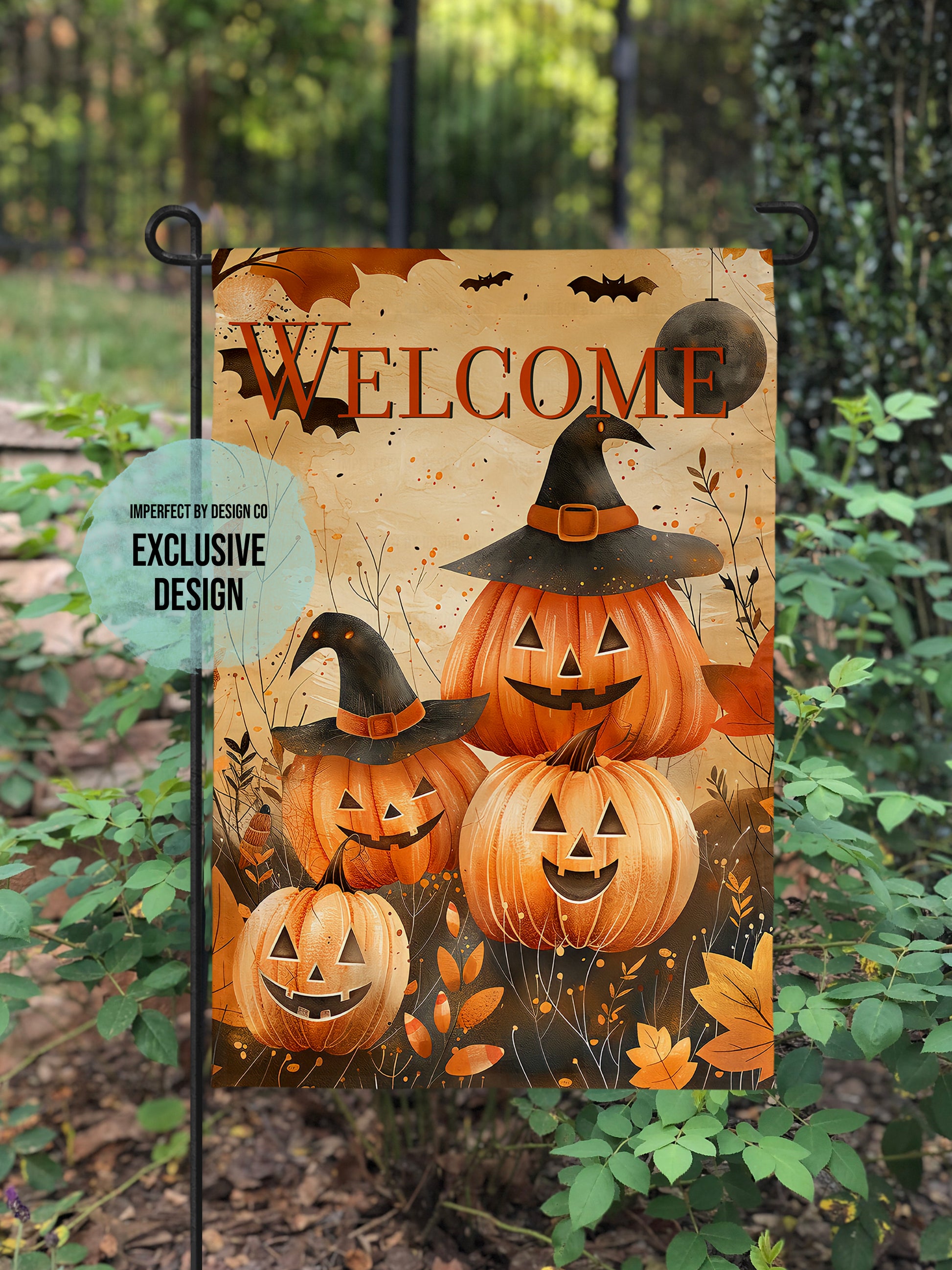 Full view of the Halloween garden flag featuring a "WELCOME" message and festive design.
