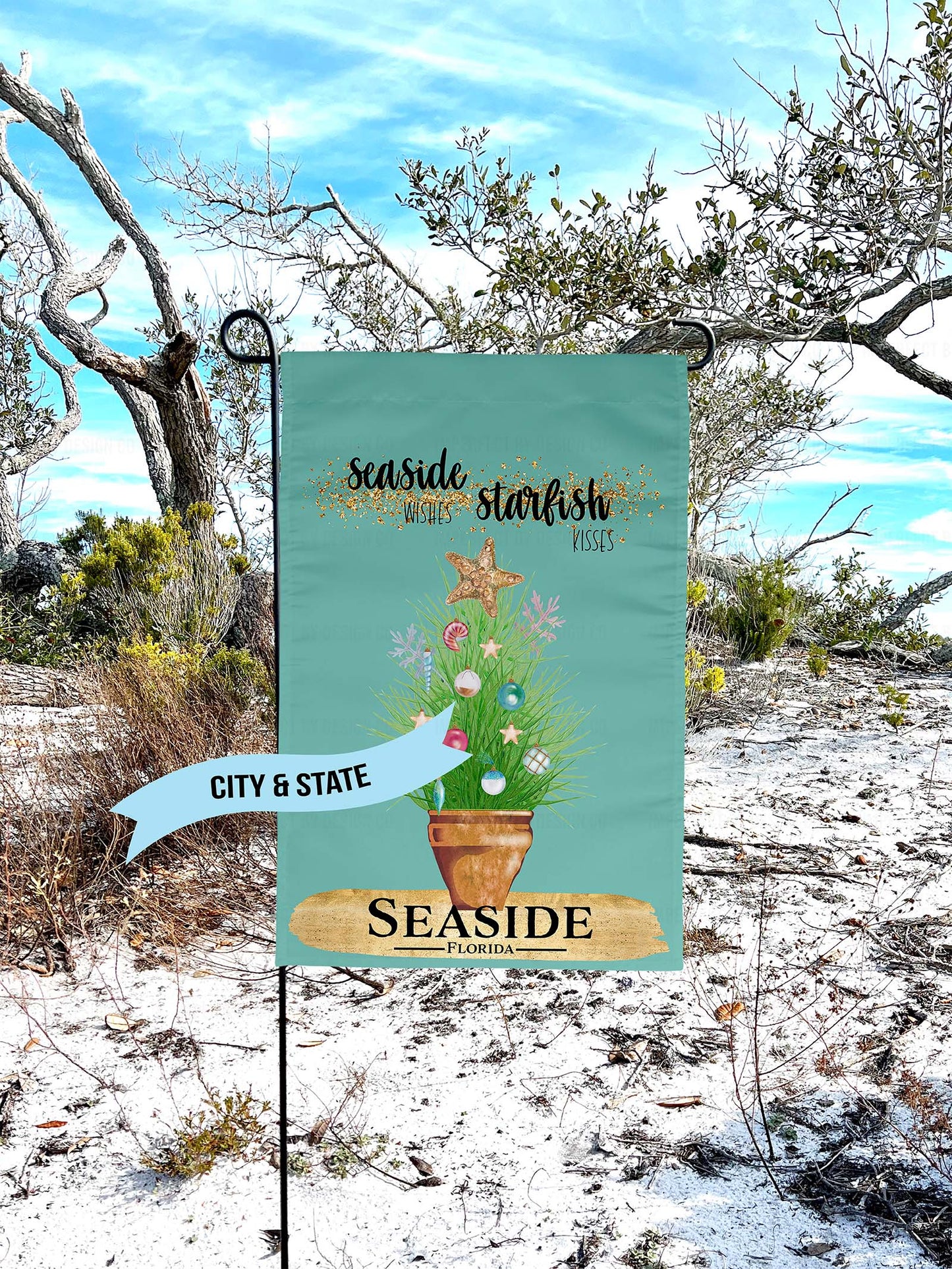 Personalized Seashell Wishes Starfish Kisses - Coastal Holiday Garden Flag