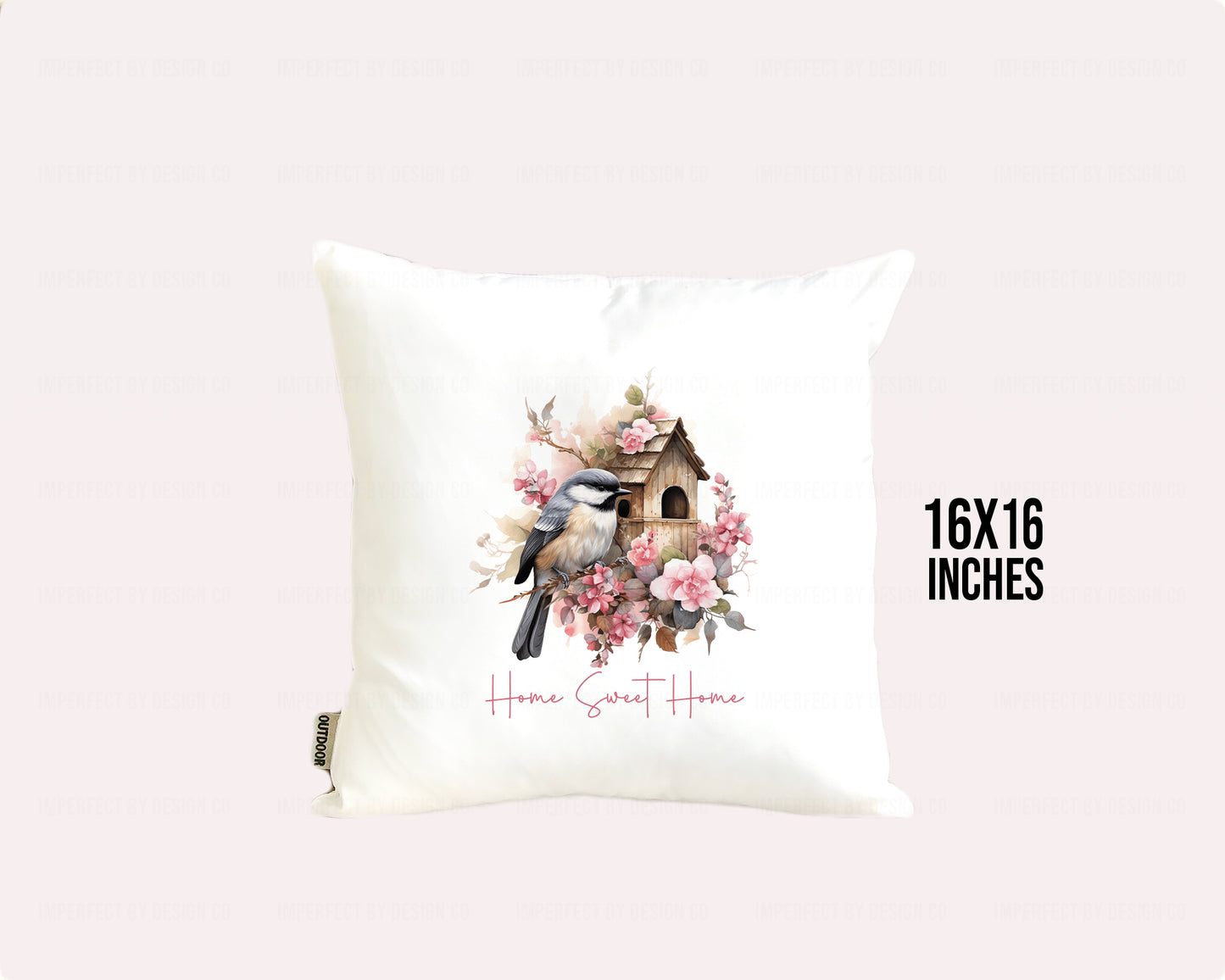 Decorative  Indoor Outdoor pillow (cover) with Chickadee and birdhouse featuring floral design on a white background. Measurements are included 16x16 inches. imperfect by design co 