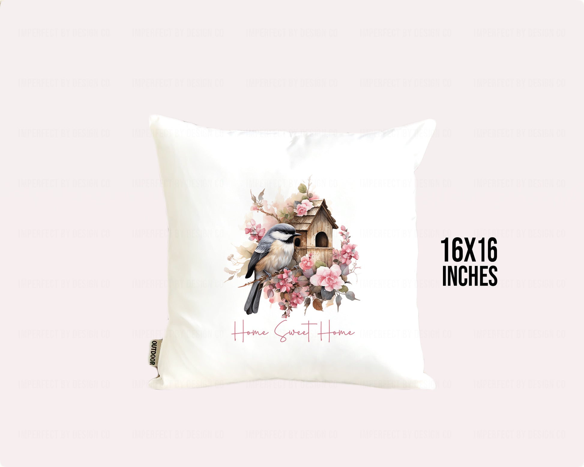 Decorative  Indoor Outdoor pillow (cover) with Chickadee and birdhouse featuring floral design on a white background. Measurements are included 16x16 inches. imperfect by design co 