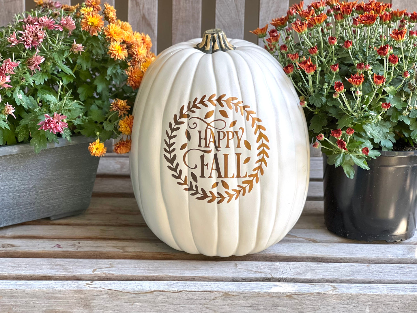 Antique white faux pumpkin with Happy Fall text in bronze