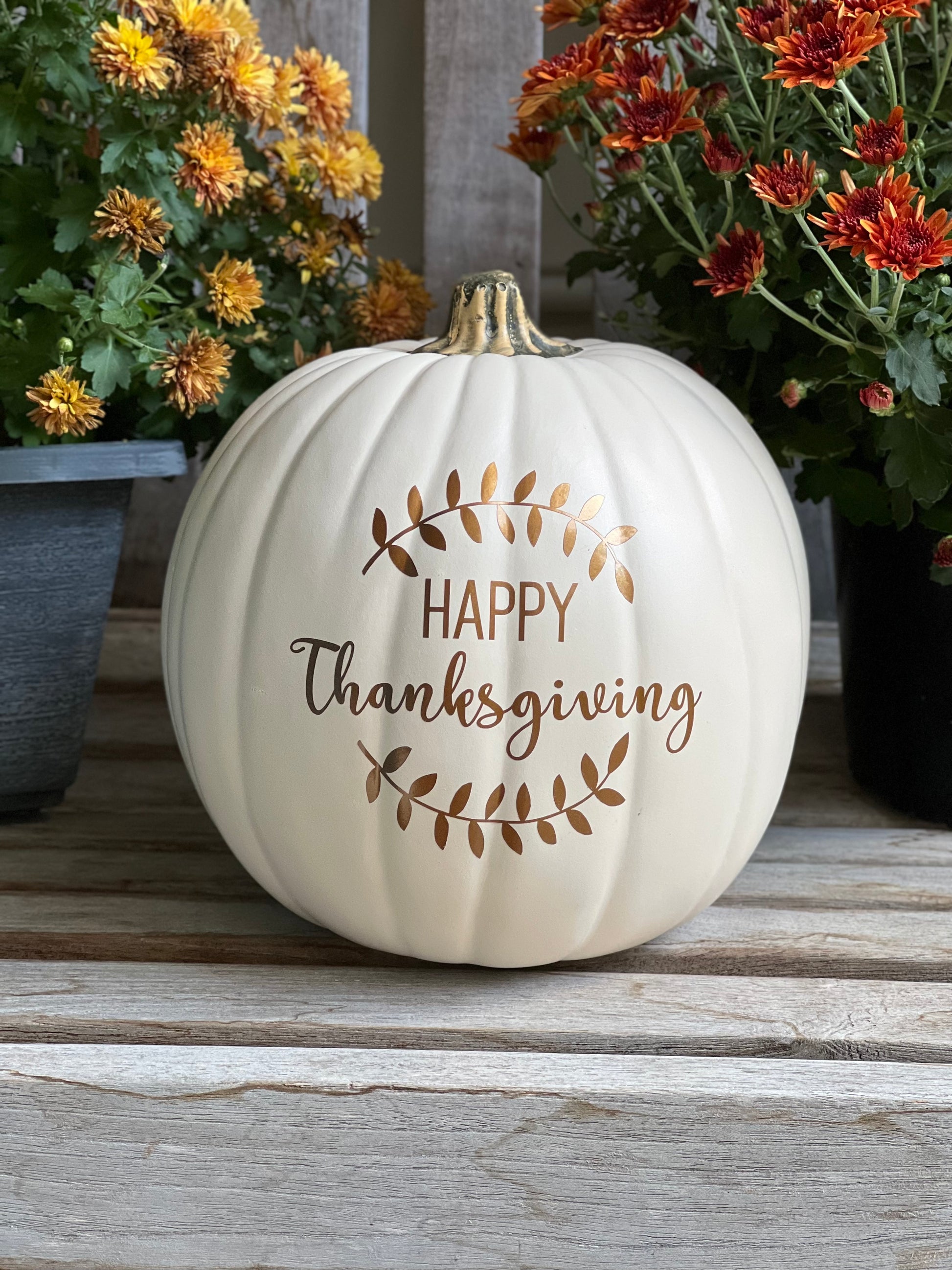 Close-up of Happy Thanksgiving text with laurel design on medium pumpkin and mums in the background