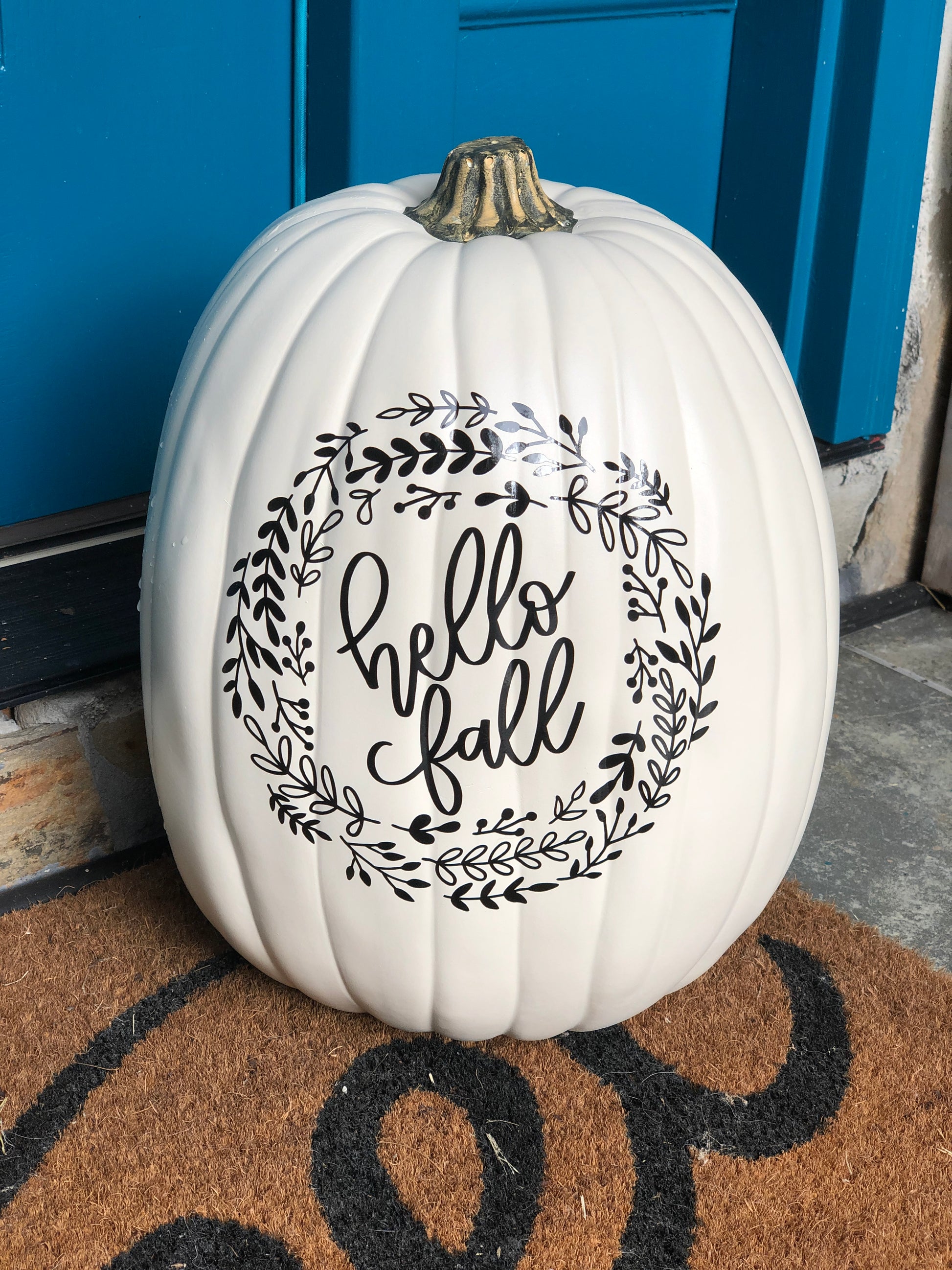 Antique white faux pumpkin with Hello Fall text in black