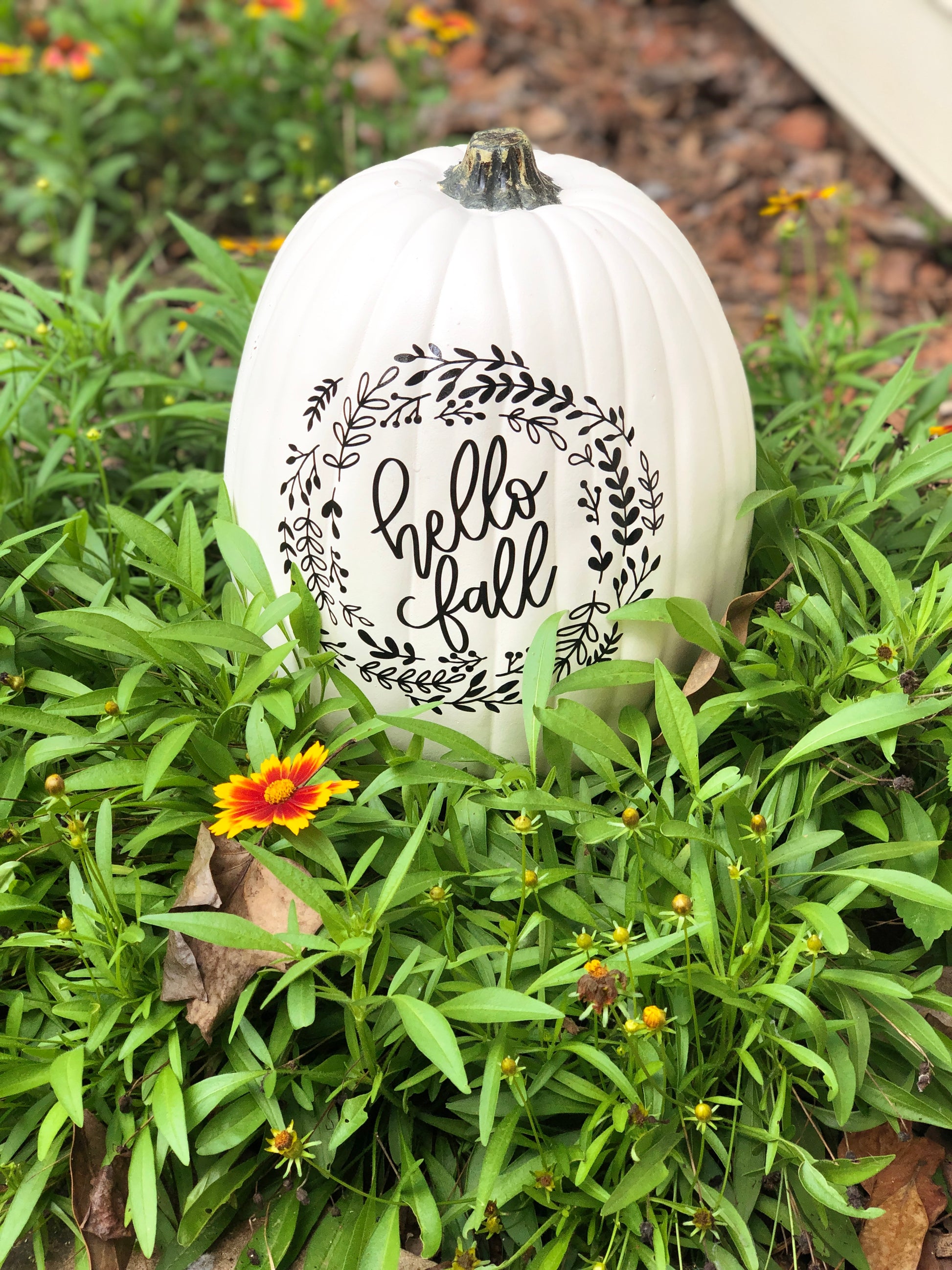 Close-up of antique white pumpkin with fall design in flower bed