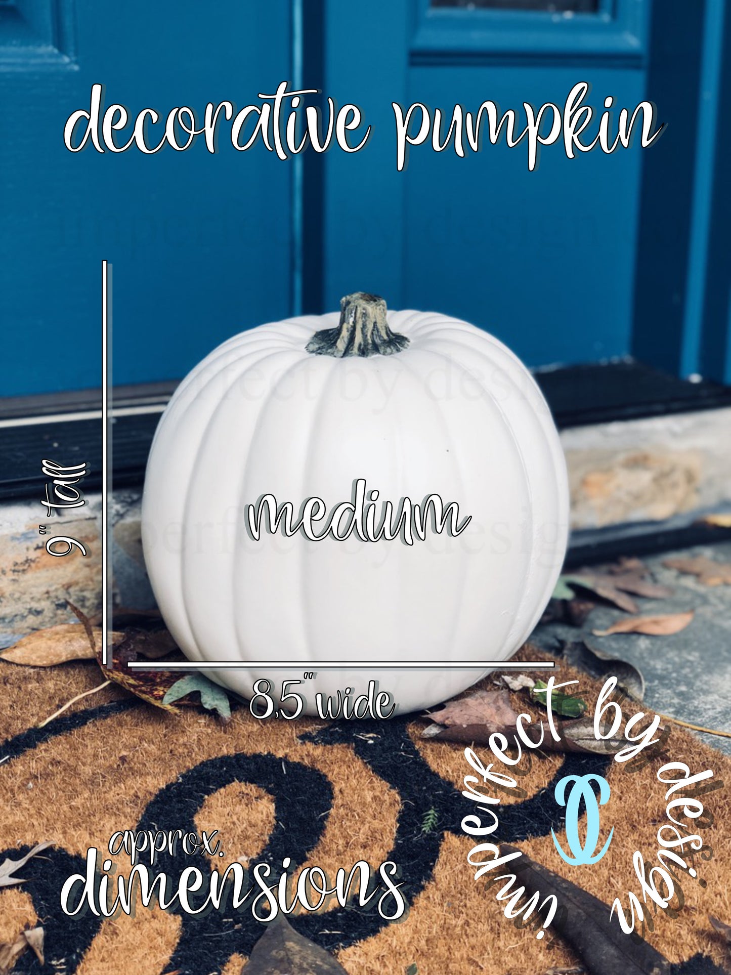 medium white decorative pumpkin showing size of approximately 9 inches tall and 8.5 inches wide