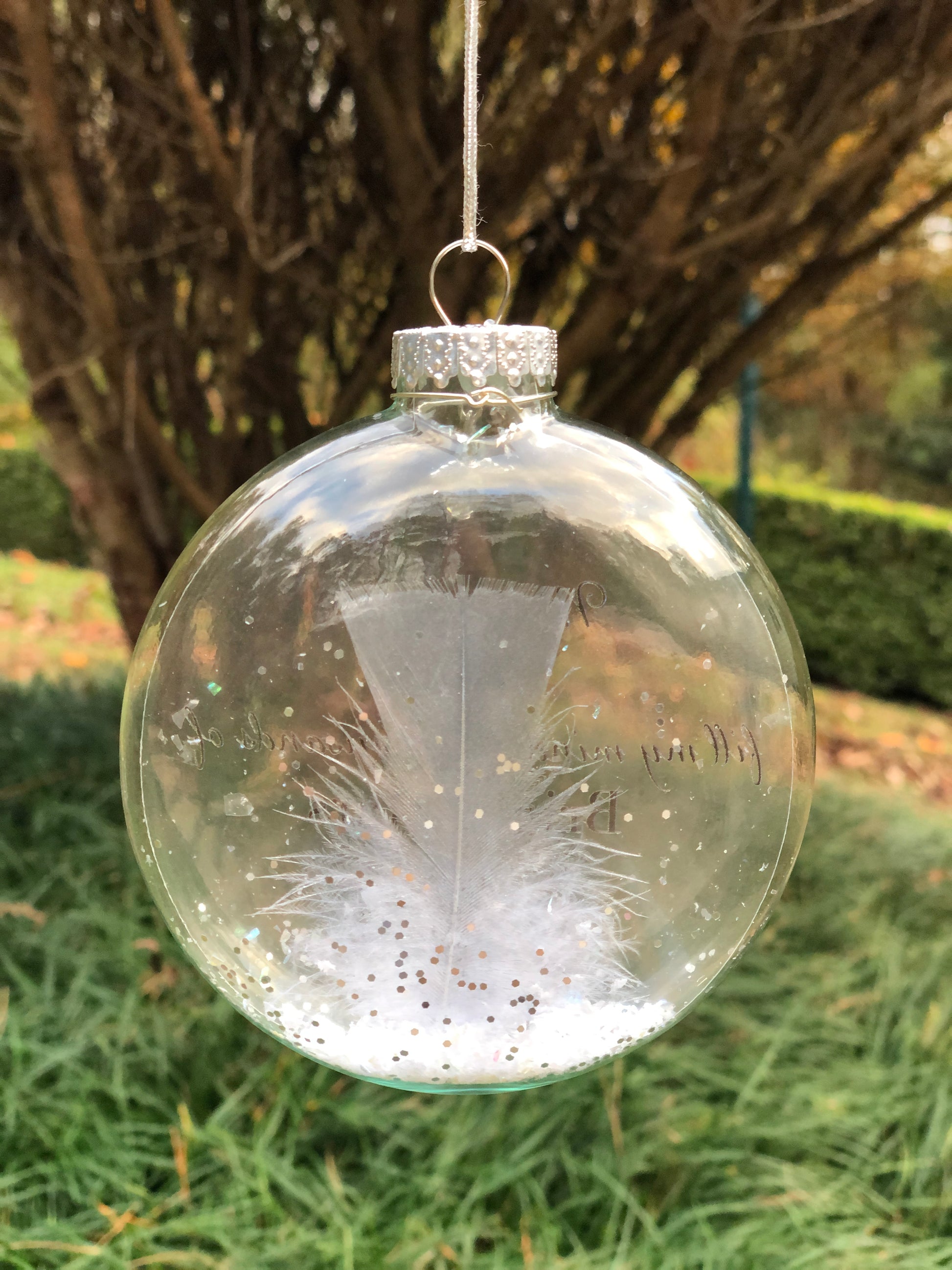 4.5x4-inch clear glass memorial ornament personalized with name and life dates.