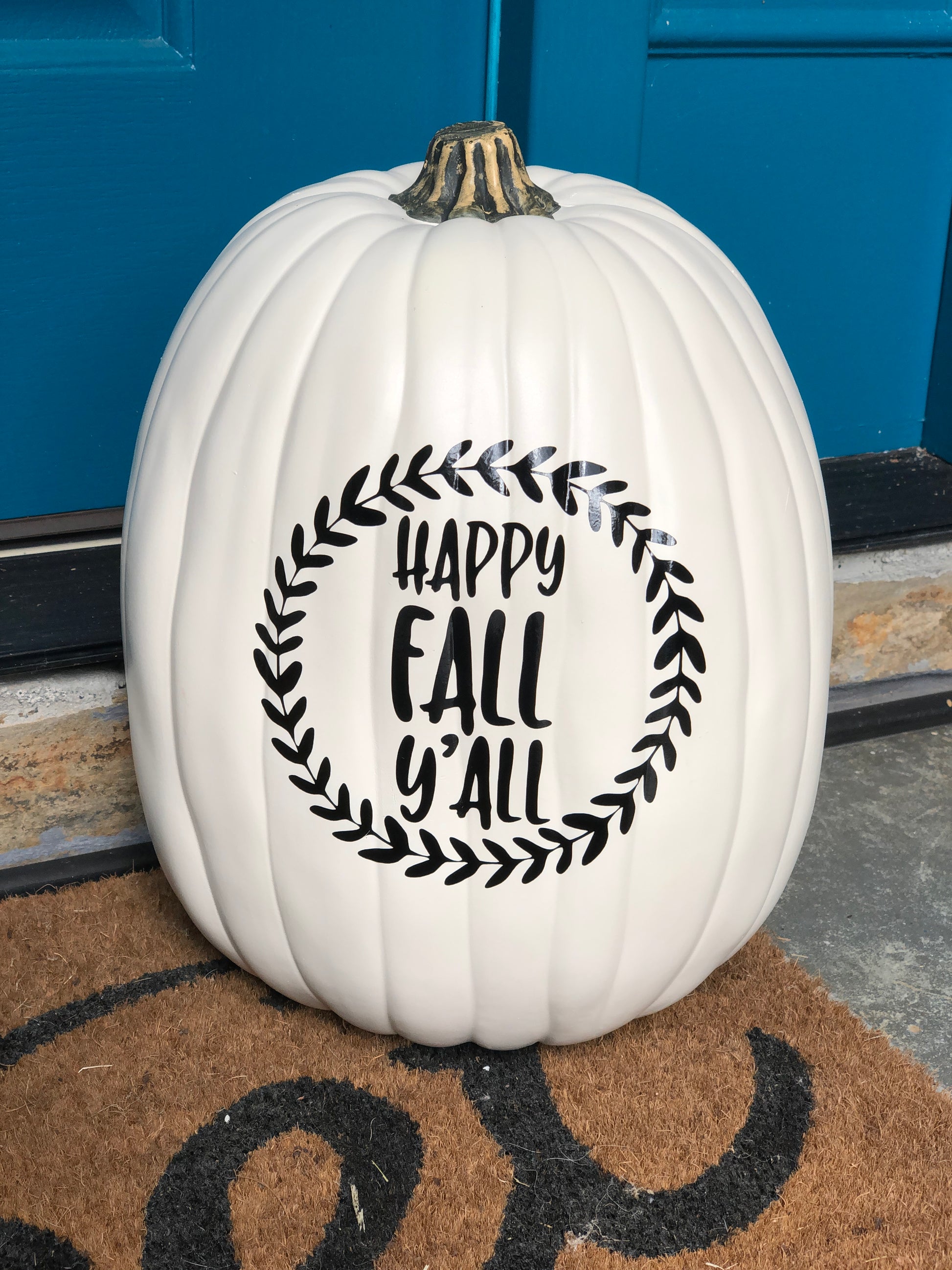 Antique white fall pumpkin with Happy Fall Y'all text in black