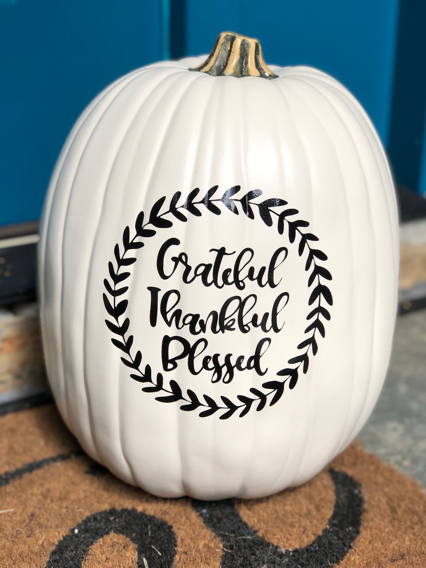 Large Thanksgiving faux pumpkin with Grateful Thankful Blessed text in black