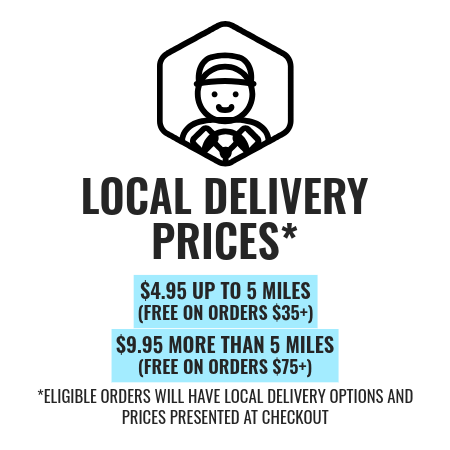Local delivery prices information graphic on a white background, featuring a delivery icon and text showing pricing tiers based on distance and order amount.