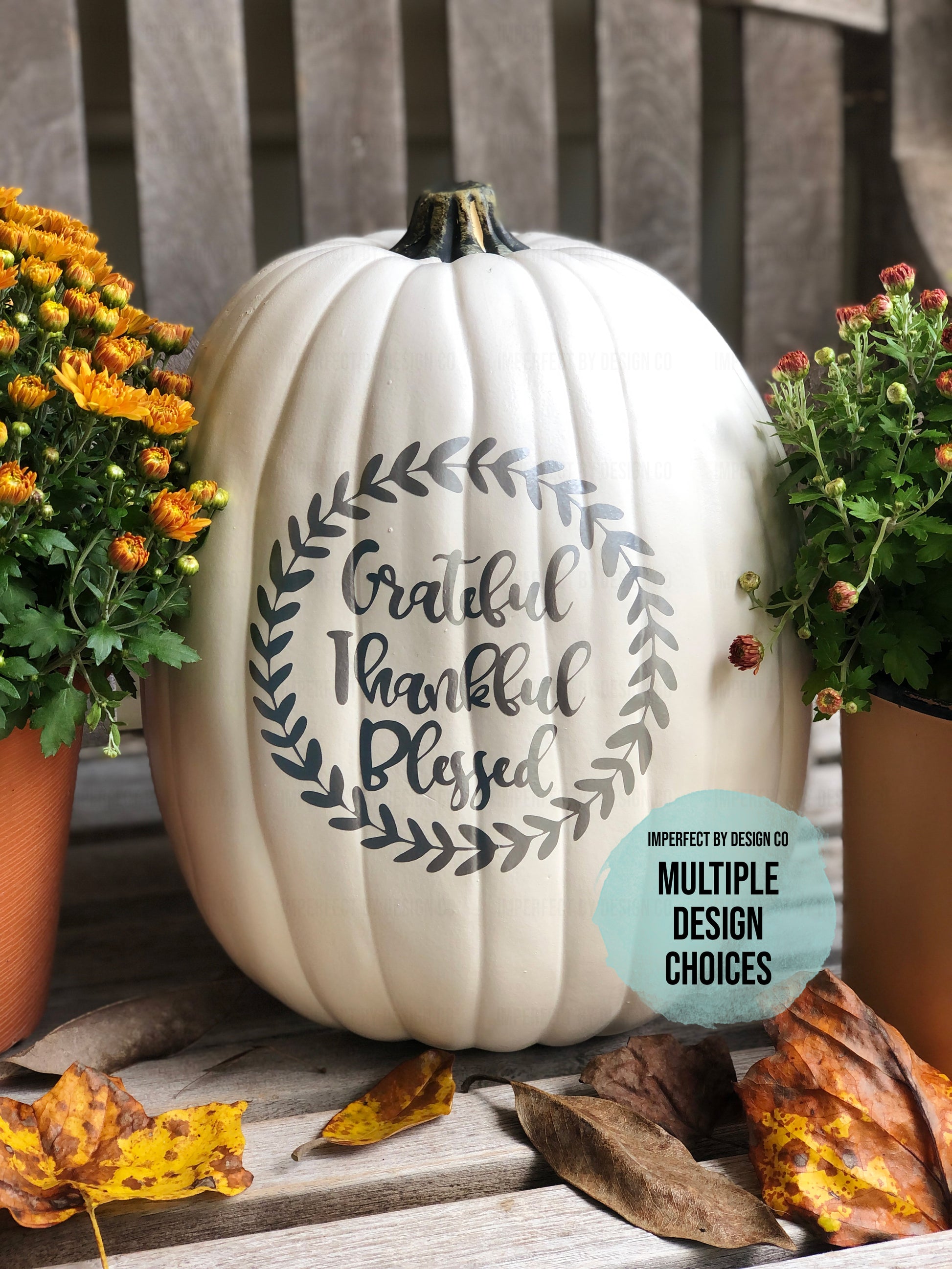 Thanksgiving faux pumpkin with Grateful Thankful Blessed text in Silver