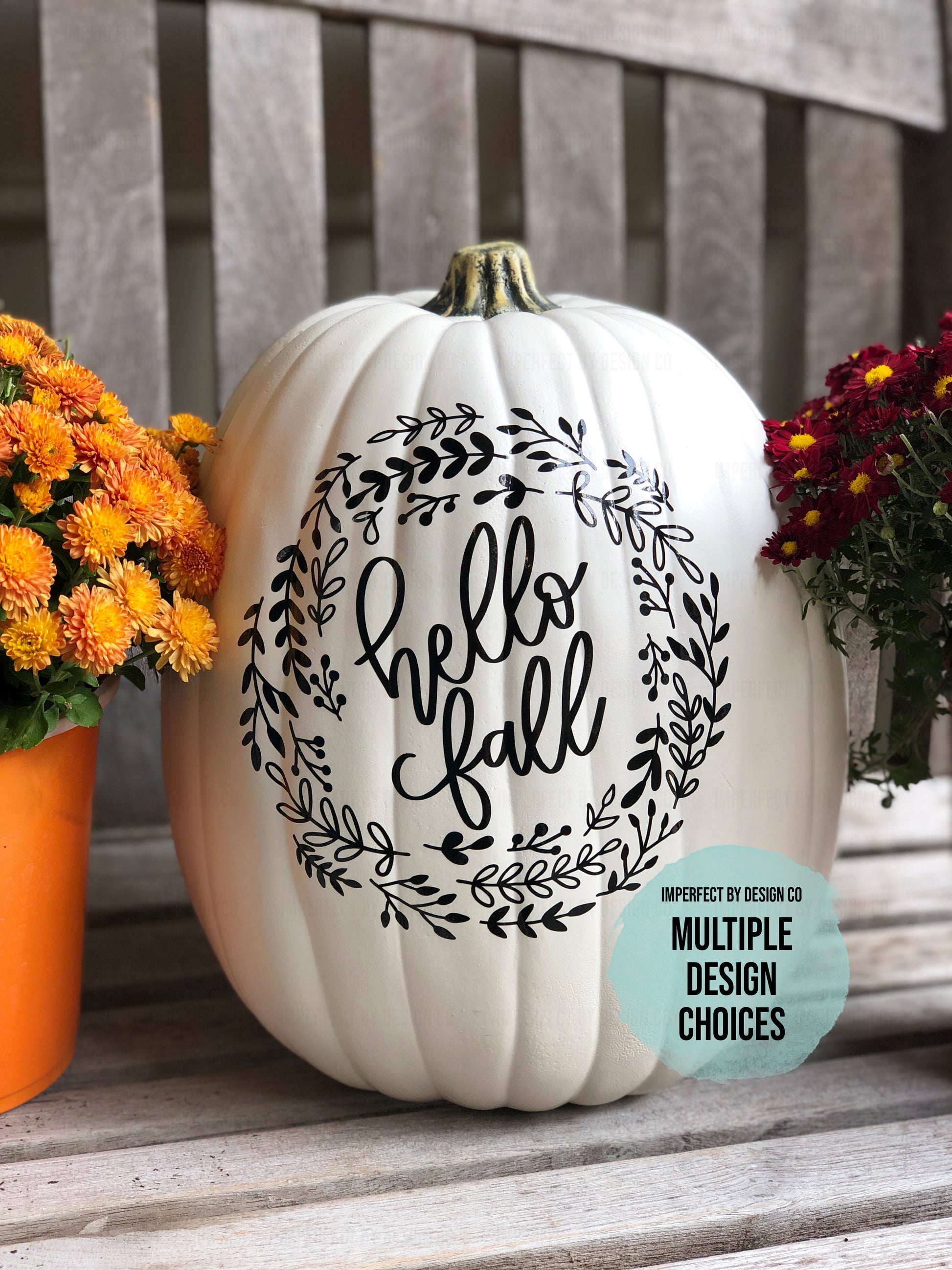 Large decorative faux pumpkin with Hello Fall black appliqué