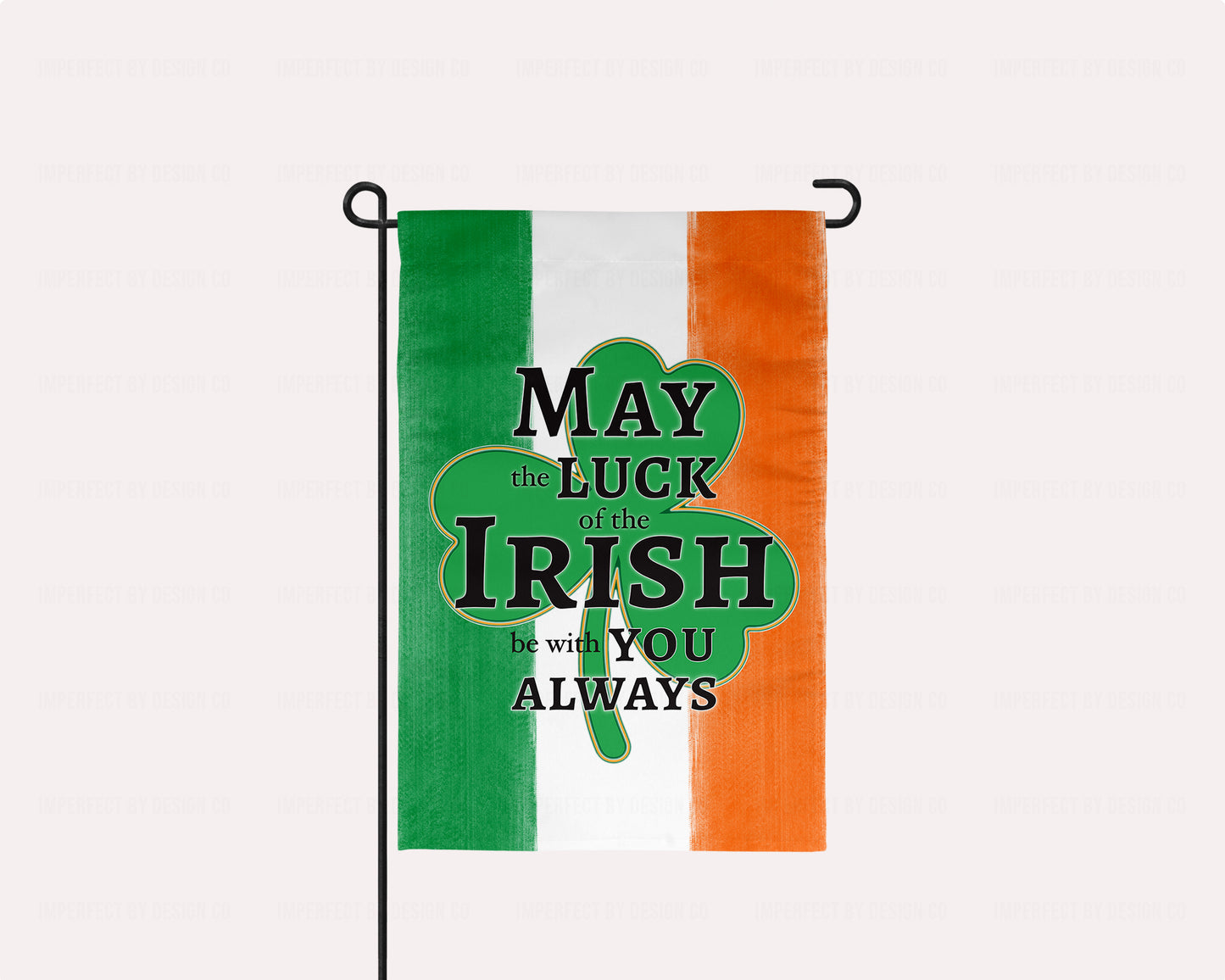 High-quality St. Patrick’s Day garden flag with Irish tricolor and green shamrock.