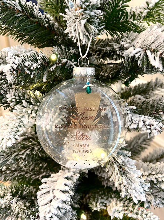 Memorial Ornament "Love You Past the Moon.." on flocked tree with emerald green charm