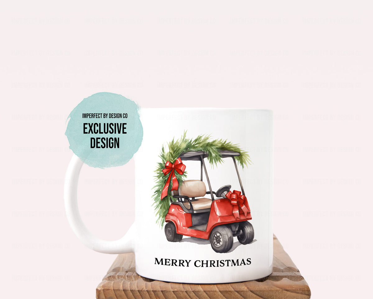 Personalized "Merry Christmas" Red Golf Cart - 11oz or 15oz Ceramic Mug
