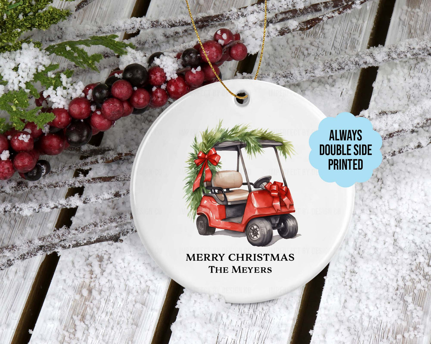 Personalized Red Golf Cart Ornament | Double-Sided | Customizable Text