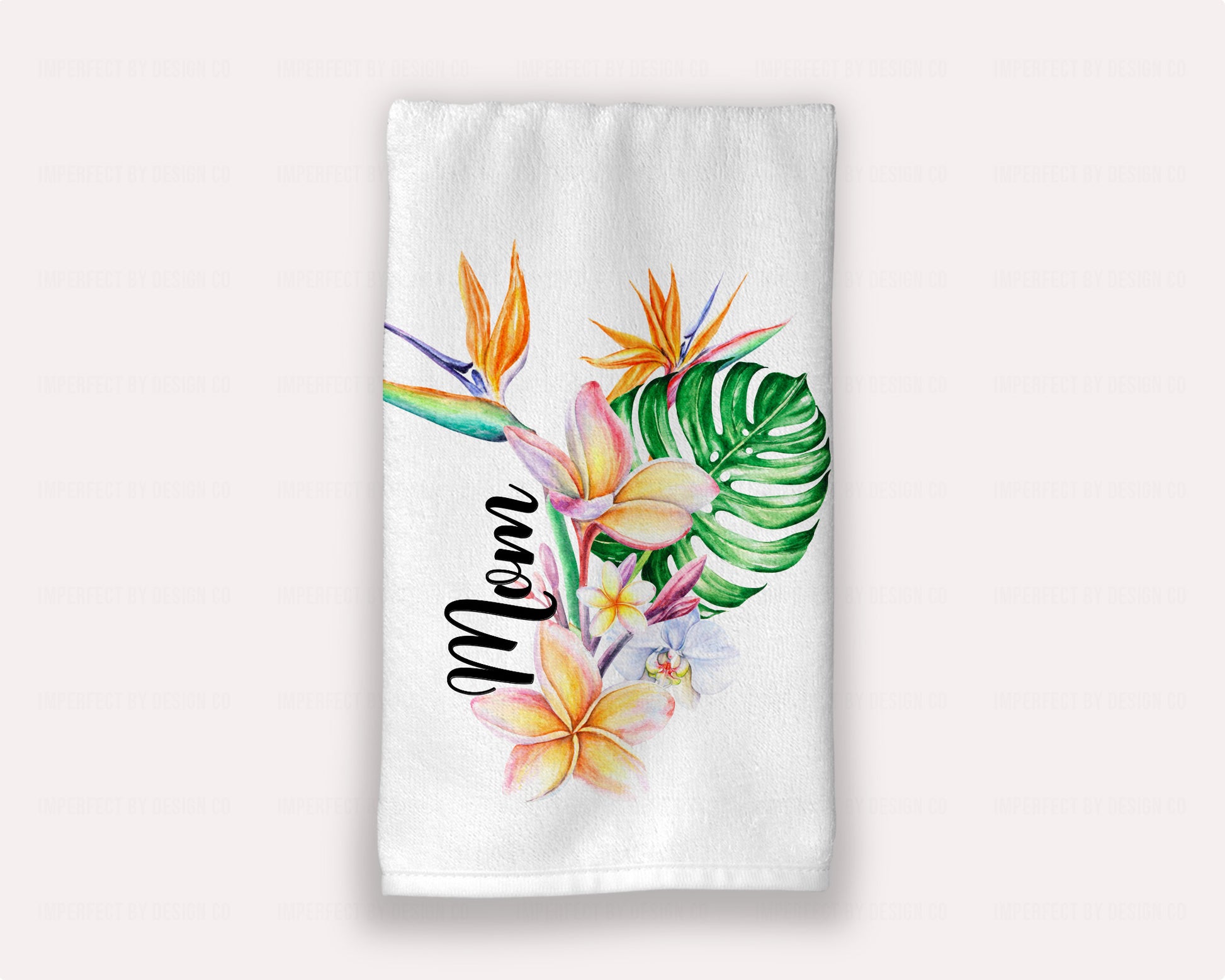 Luxurious micro velour hand towel with tropical bouquet design personalized | imperfect by design co
