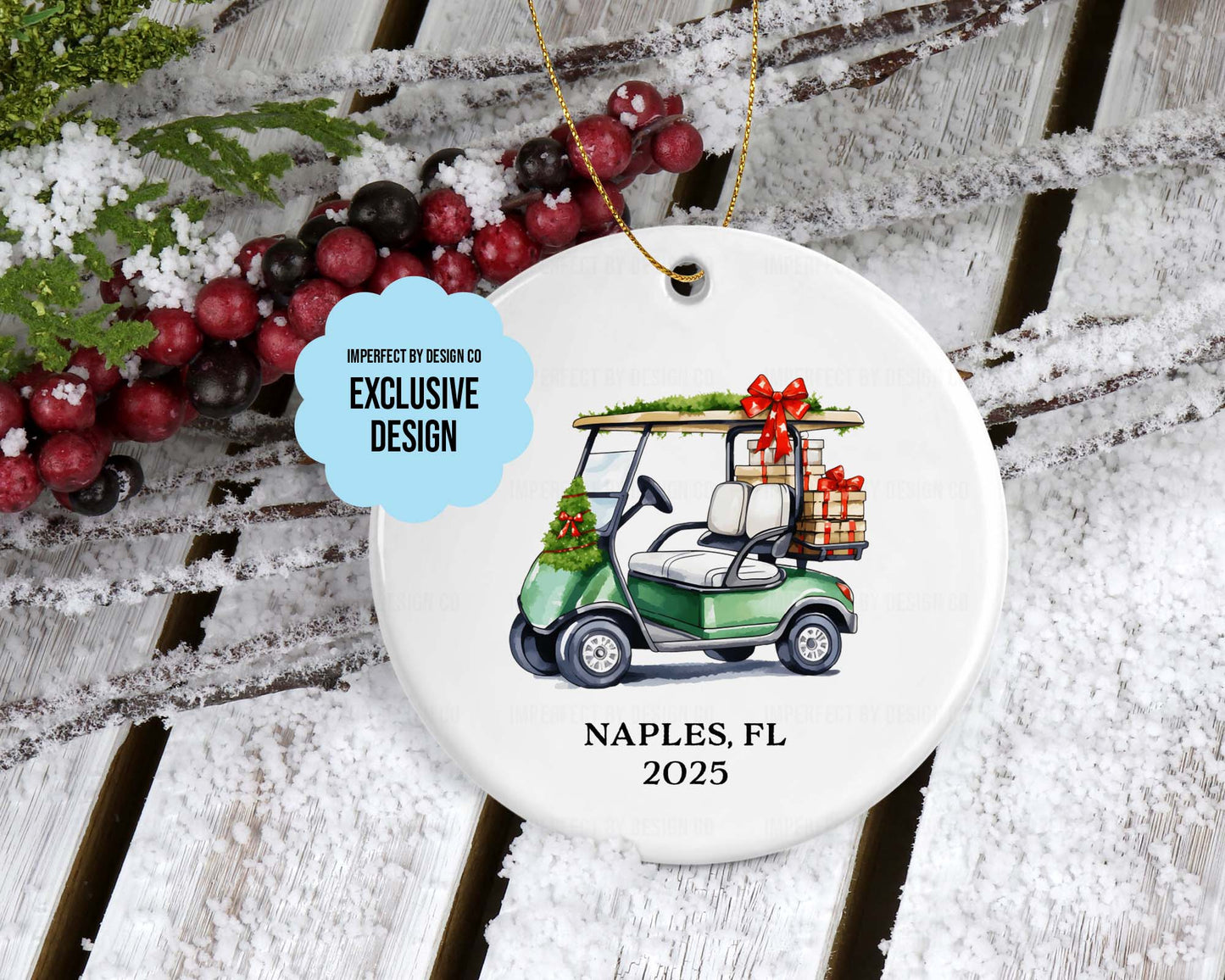 Personalized Green Golf Cart Ornament | Double-Sided | City, State, or Last Name Personalization