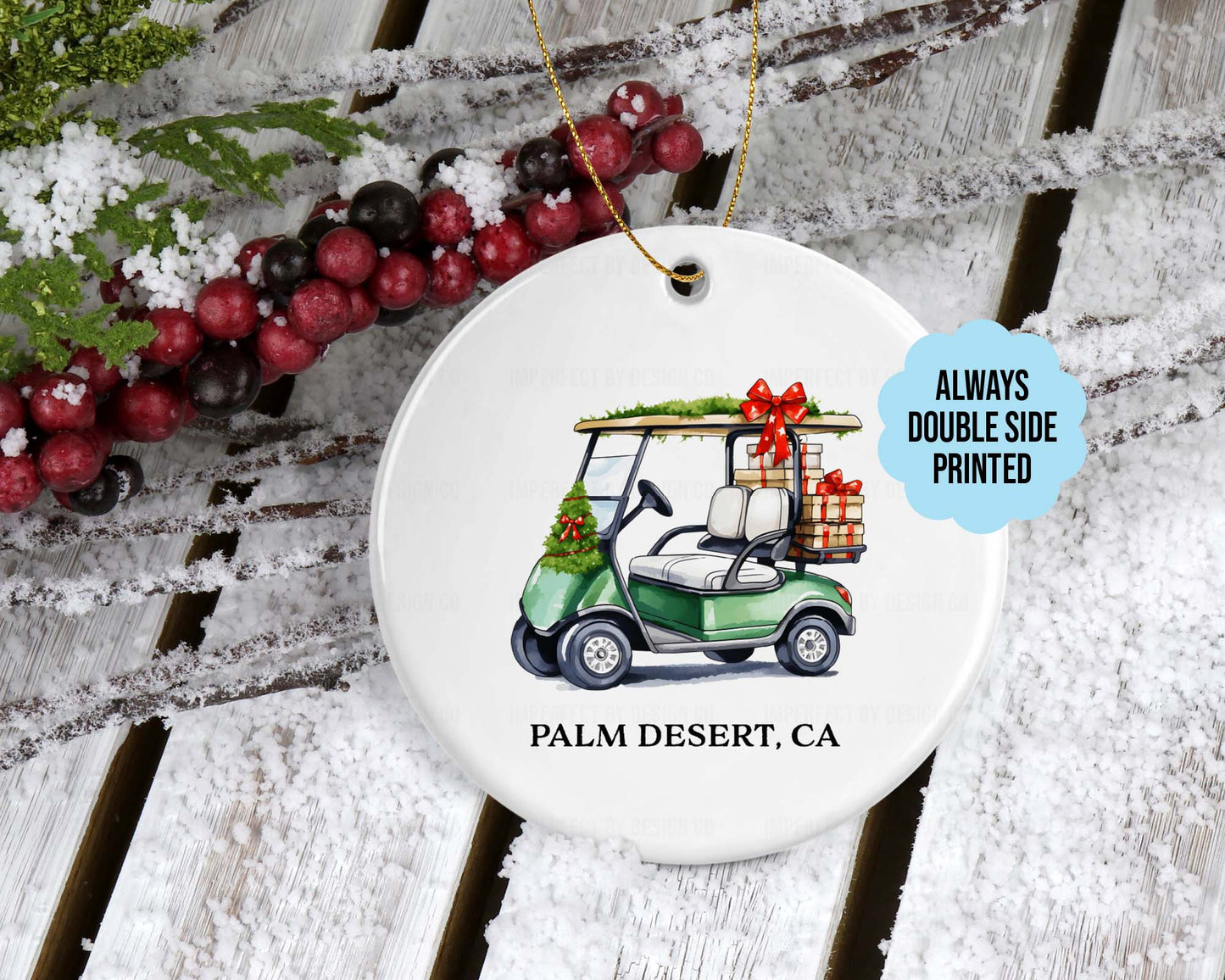 Personalized Green Golf Cart Ornament | Double-Sided | City, State, or Last Name Personalization